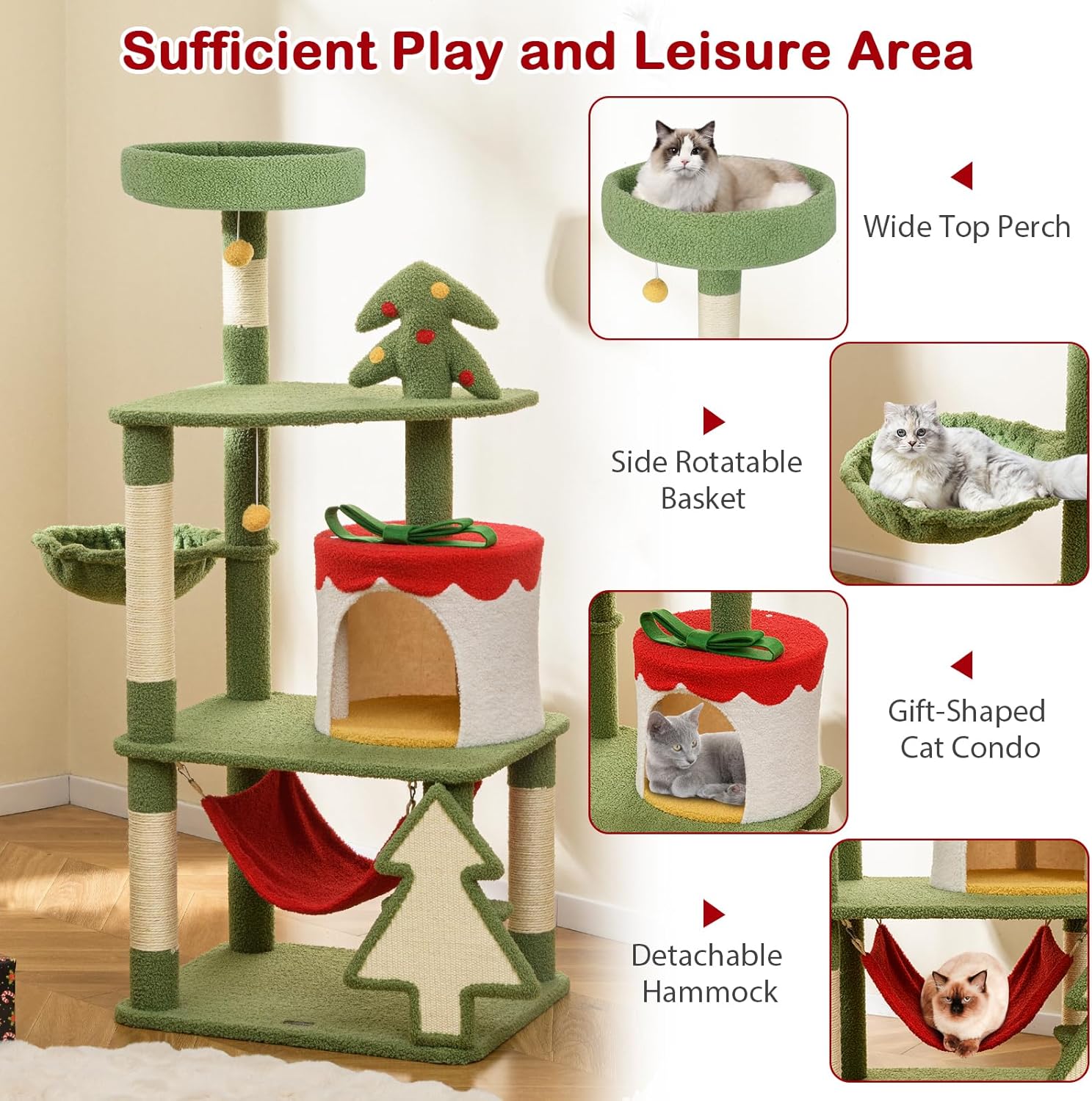 PETSITE 52 inch Cat Christmas Tree, Multi-Level Cat Tower with Sisal Scratching Posts & Board, Cat Condo, Basket Bed, and Detachable Hammock, Cute Cat Tree for Indoor Cats