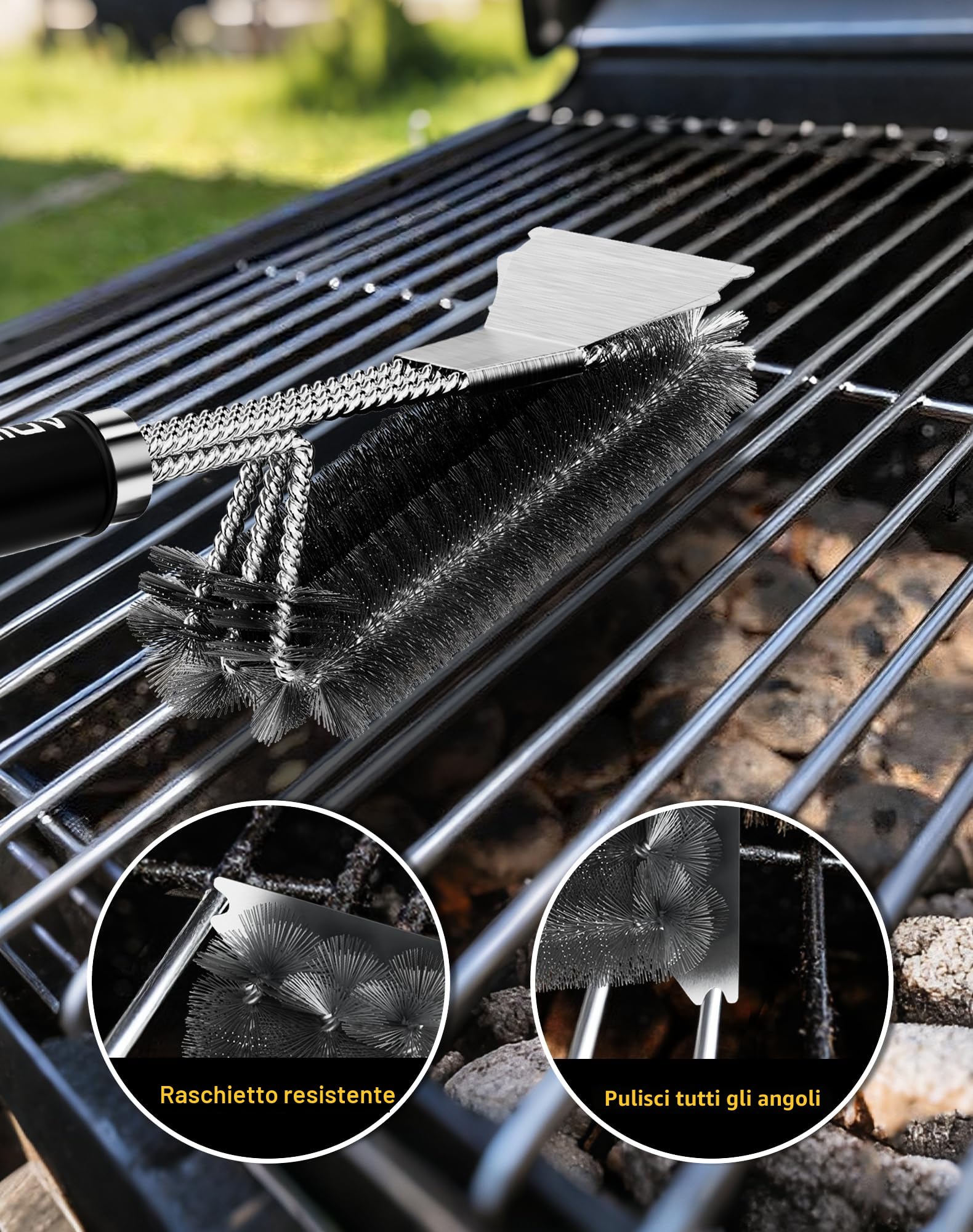 Spazzola Barbecue Acciaio Inox con Raschietto, Pulizia 360°, Manico Isolante Termico Extra Lungo