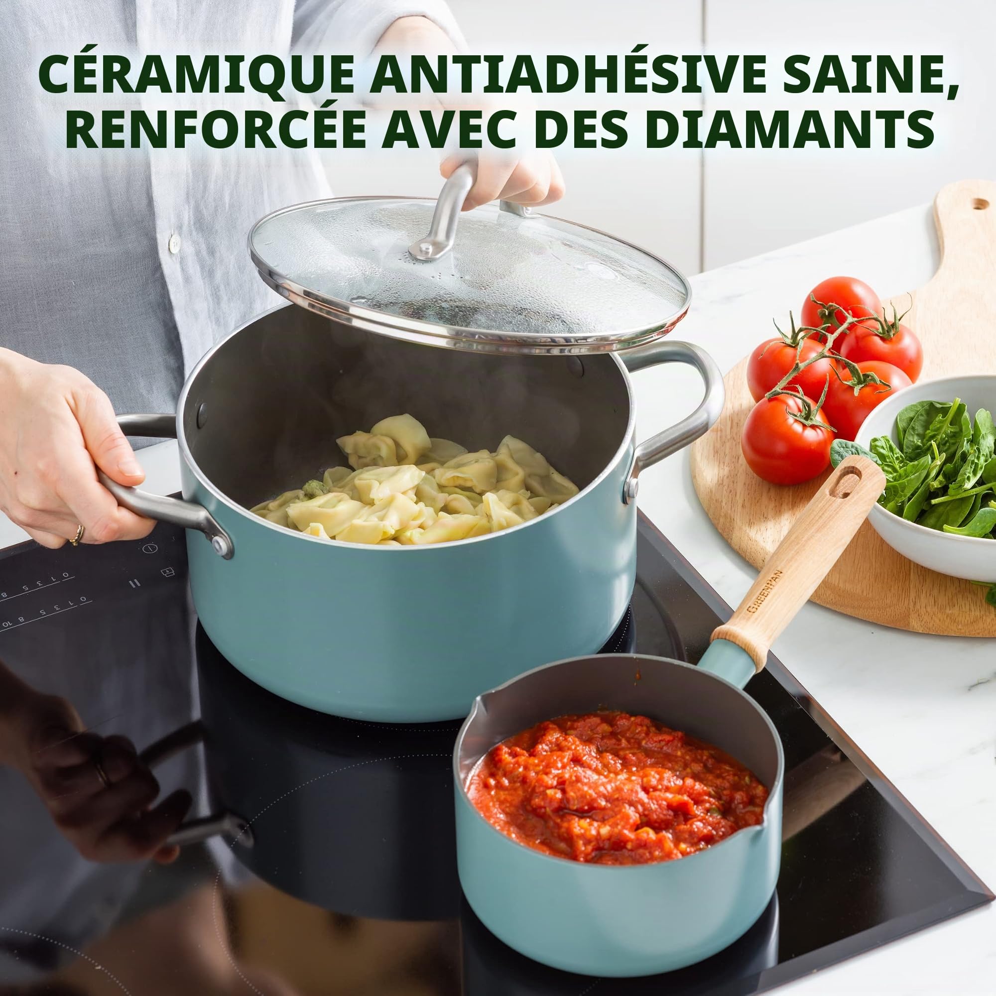 GreenPan Mayflower Batterie de Cuisine Antiadhésive 13 Pièces en Céramique Saine,Comprend Poêles à frire Casseroles Marmites Couvercles Passoire,Manche en Bois Vintage,Sans PFAS,Induction,Bleu Fumé
