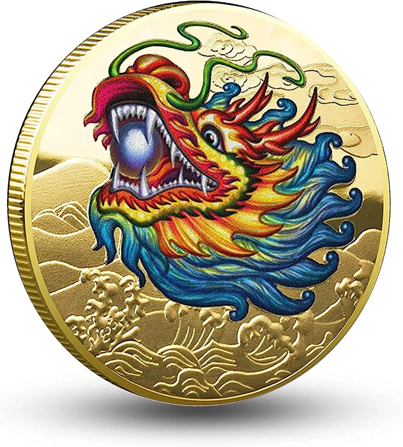 Colorful Chinese Dragon Head Lucky Coin with Engraved Waves, and Auspicious Clouds Design - Lottery Ticket Scratcher Tool - Good Luck Challenge Coin