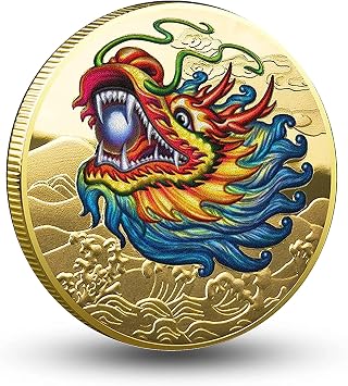 Colorful Chinese Dragon Head Lucky Coin with Engraved Waves, and Auspicious Clouds Design - Lottery Ticket Scratcher Tool - Good Luck Challenge Coin