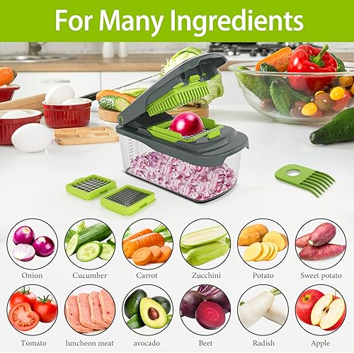 Miniatura 4 de Cambom Picador de verduras con contenedor, cortador multifuncional de alimentos para cebollas y verduras con 8 cuchillas, zanahoria y verduras