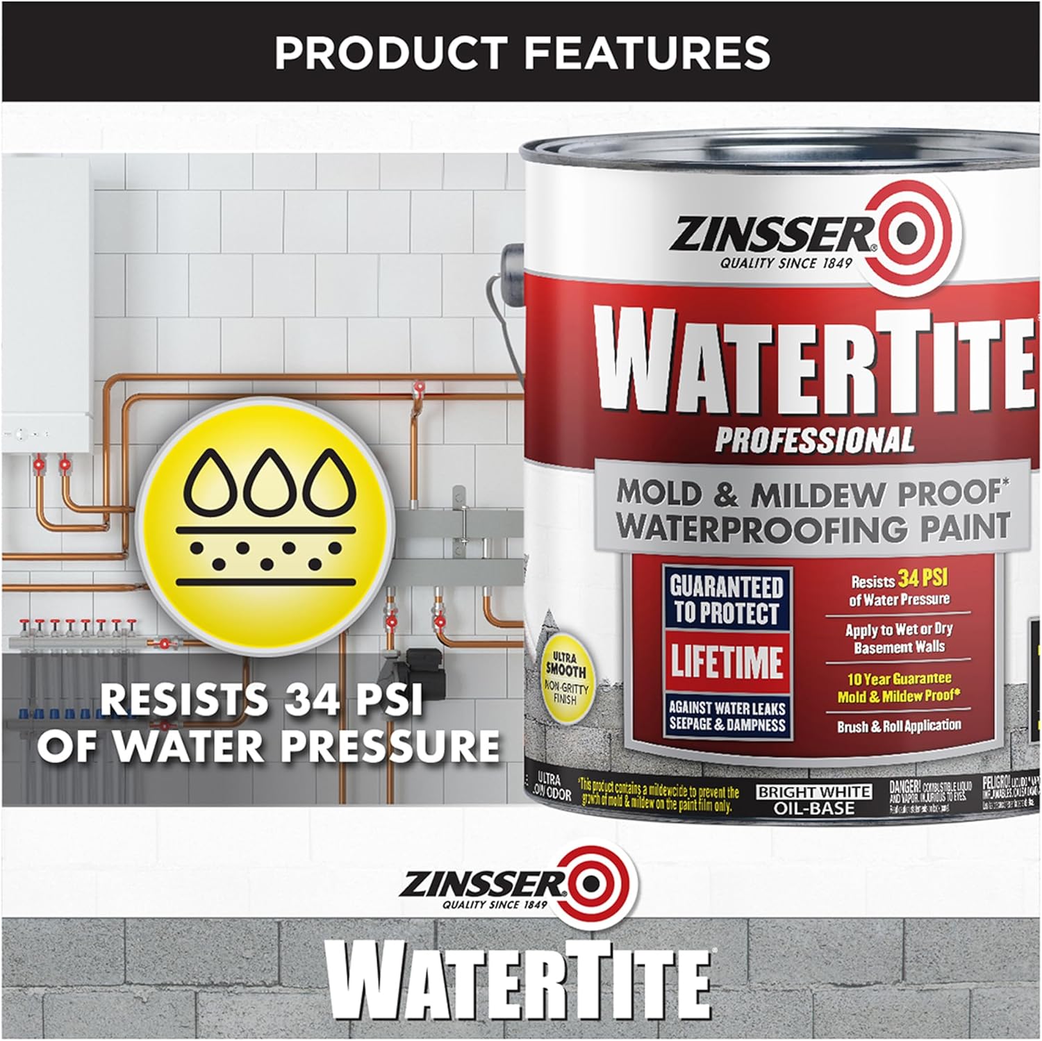 Zinsser 5001 WaterTite Professional Waterproofing Paint, Gallon, White