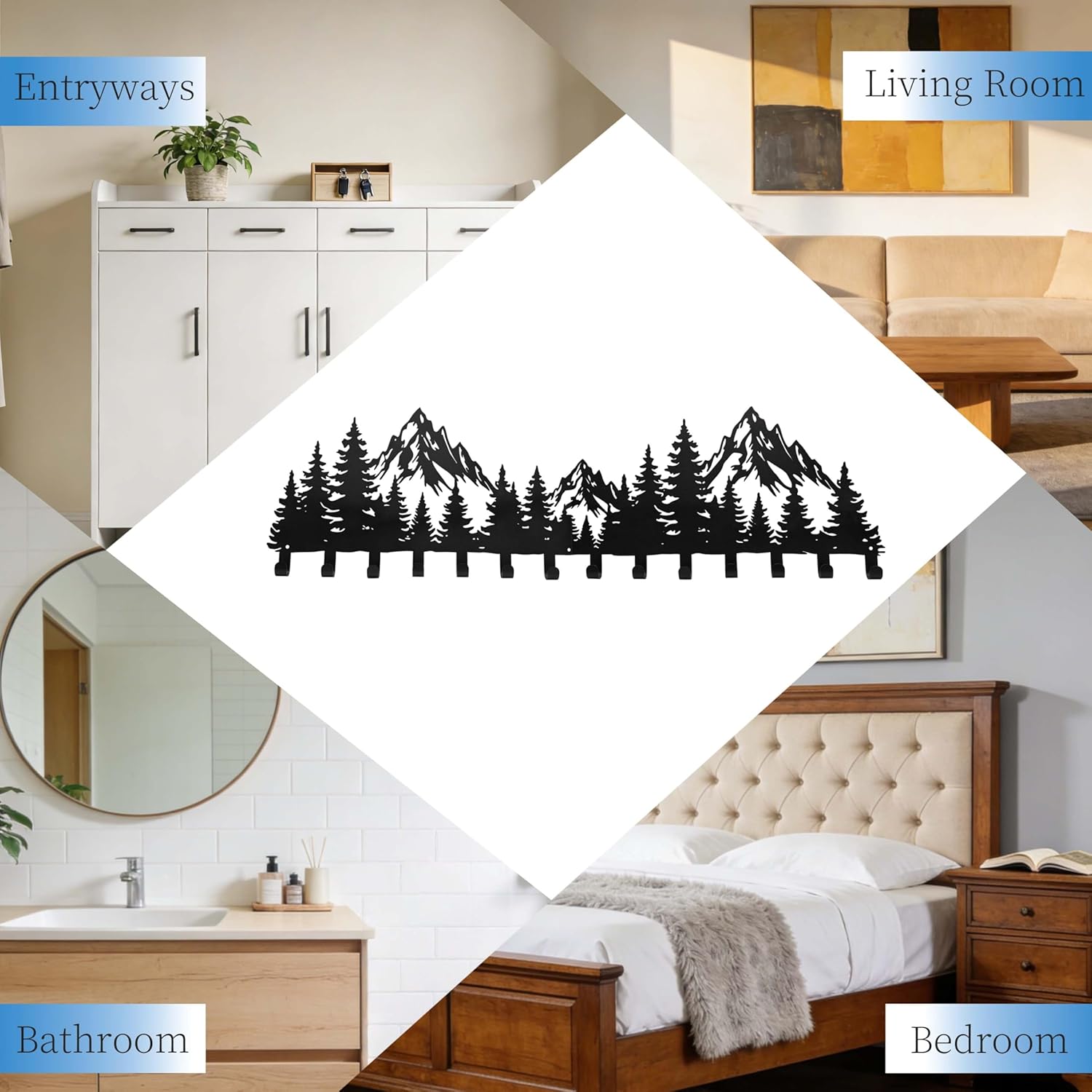 Large Black Mountain Wall Decor Coat Rack with 14 Hooks, Decorative Forest Wall Hanger for Cabin Entryway Front Door Bathroom Kitchen Office Home Wall Mount Holder for Key, Hat, Bag, Cloth