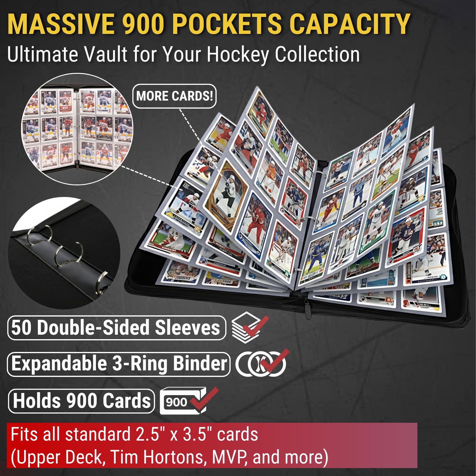 Hockey Card Binder with Sleeves, 900 Pockets Trading Card Binder, 9-Pocket 3-Ring Collector Album with 50 Removable Double-Sided Sleeves, Waterproof Sport Card Folder, Canadian Style Gift for Boys - 3