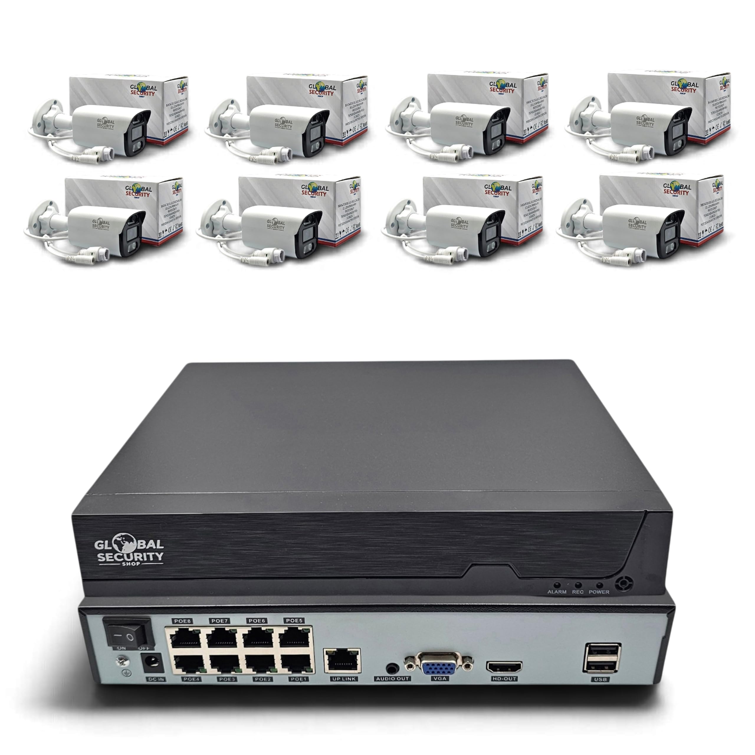 8-kanałowy 5-megapikselowy zestaw do monitoringu IP GSS Pro, NVR 4K Ultra HD z 8 metalowymi kamerami Bullet PoE, wykrywanie człowieka, inteligentne podwójne światło, dźwięk (bez dysku twardego)