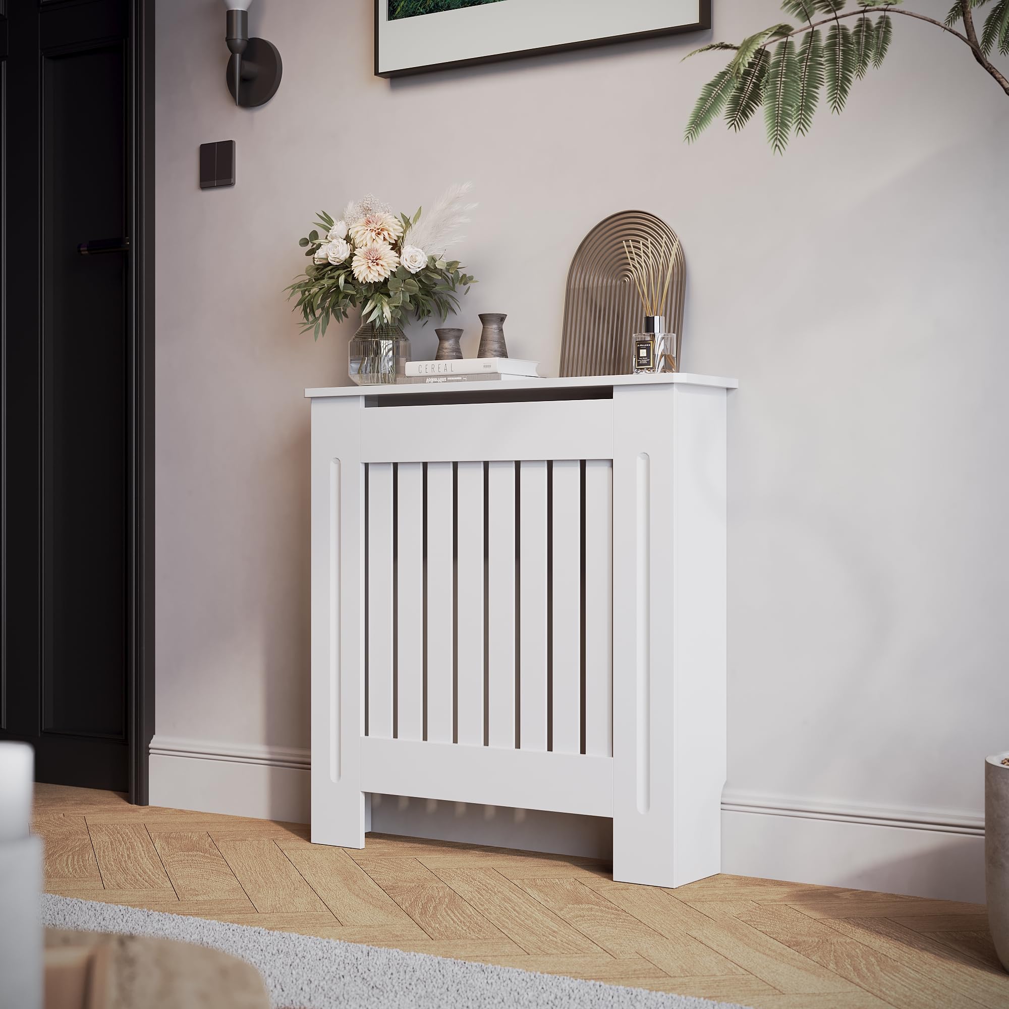 SIRHONA - Cubierta radiador, mamparo vertical, MDF lacado blanco, 78 x 19 x 81,5 cm, se puede colocar decoraciones, adecuadas para el salón, el dormitorio, el pasillo