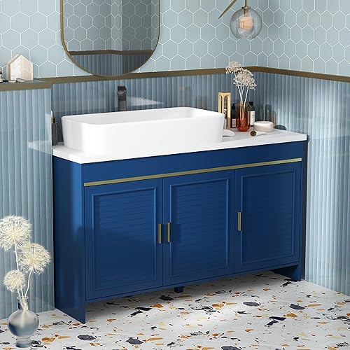 ECACAD Gabinete de almacenamiento independiente para tocador de baño con fregadero de cerámica blanca, 2 puertas, 3 cajones, compartimento grande y