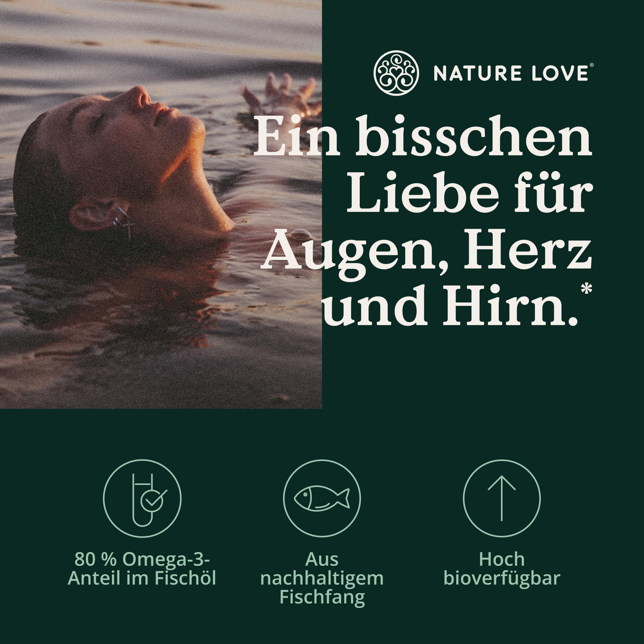 Nature Love Premium Omega 3 - hochdosiert - 1000mg pro Kapsel - 120 Kapseln | 80% EPA & DHA Anteil - hoch bioverfübar durch Triglycerid-Form - aus nachhaltigem Fischfang gewonnen