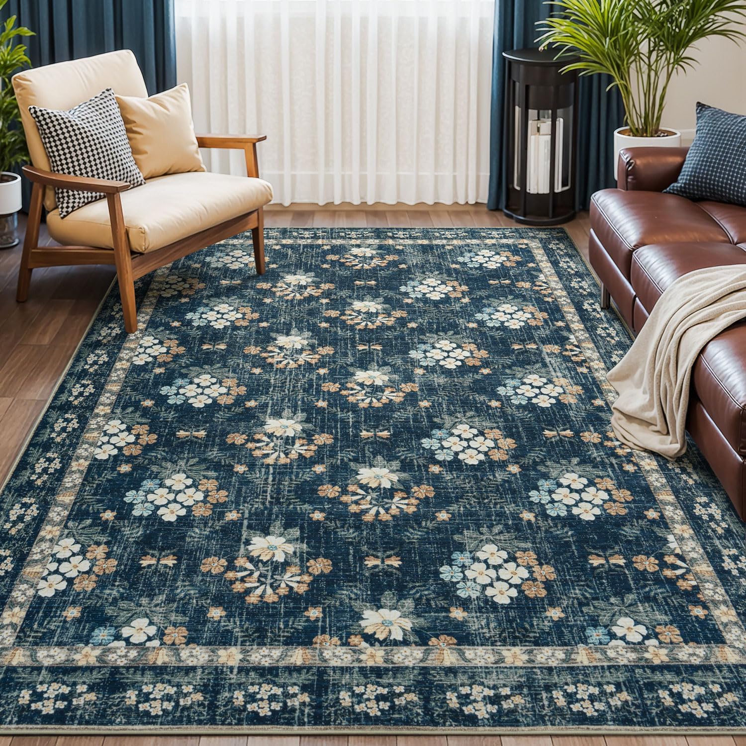 Tapis lavable antidérapant bleu traditionnel 120x180 salon chambre