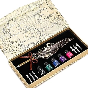 NC Feather Quill Pen Set - Includes 5 Ink Bottles, 6 Nibs, Mechanical Quill Pen for Calligraphy, Writing Letters, Signing, Invitations Etc Grey