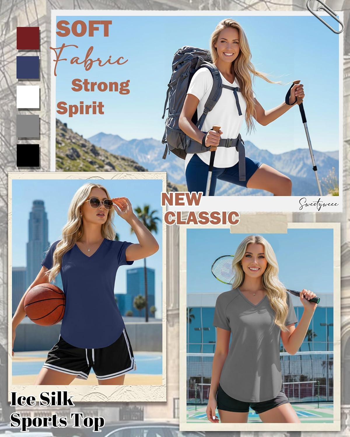 5 Pack Women Workout T-Shirts Quick Dry UPF 50+ Sun Protection Yoga Gym V Neck Raglan Tops Side Slits Curved Hem