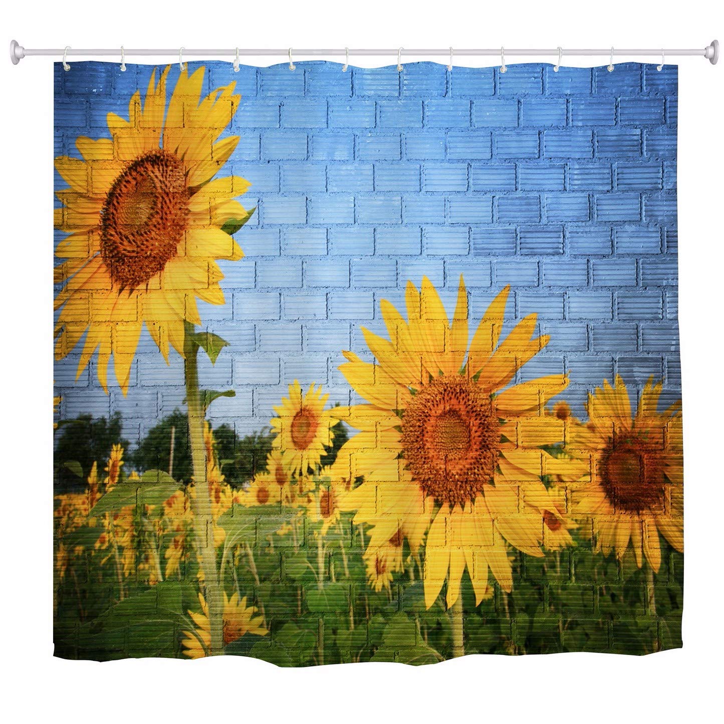 A.Monamour Blue Brick Wall Sunflowers Floral Graffiti Art Print Waterproof Mildewproof Fabric Polyester Shower Curtains For Bath Decors 180X200 Cm / 72"X78"