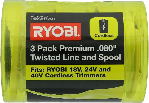 Ryobi One PLUS+ AC80RL3 OEM .080 Inch Twisted Line and Spool Replacement for Ryobi 18v, 24v, and 40v Cordless Trimmers (3 Pack)