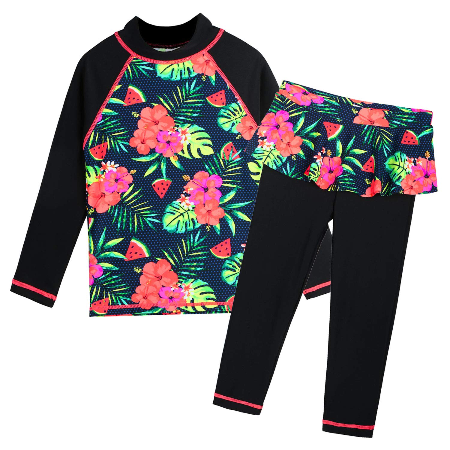 HUAANIUEGirls 2 Pieces HotPink Longsleeve Swimsuit Summmer Print Flower Sun Protection Suit UPF 50+ Children Swimming Costume