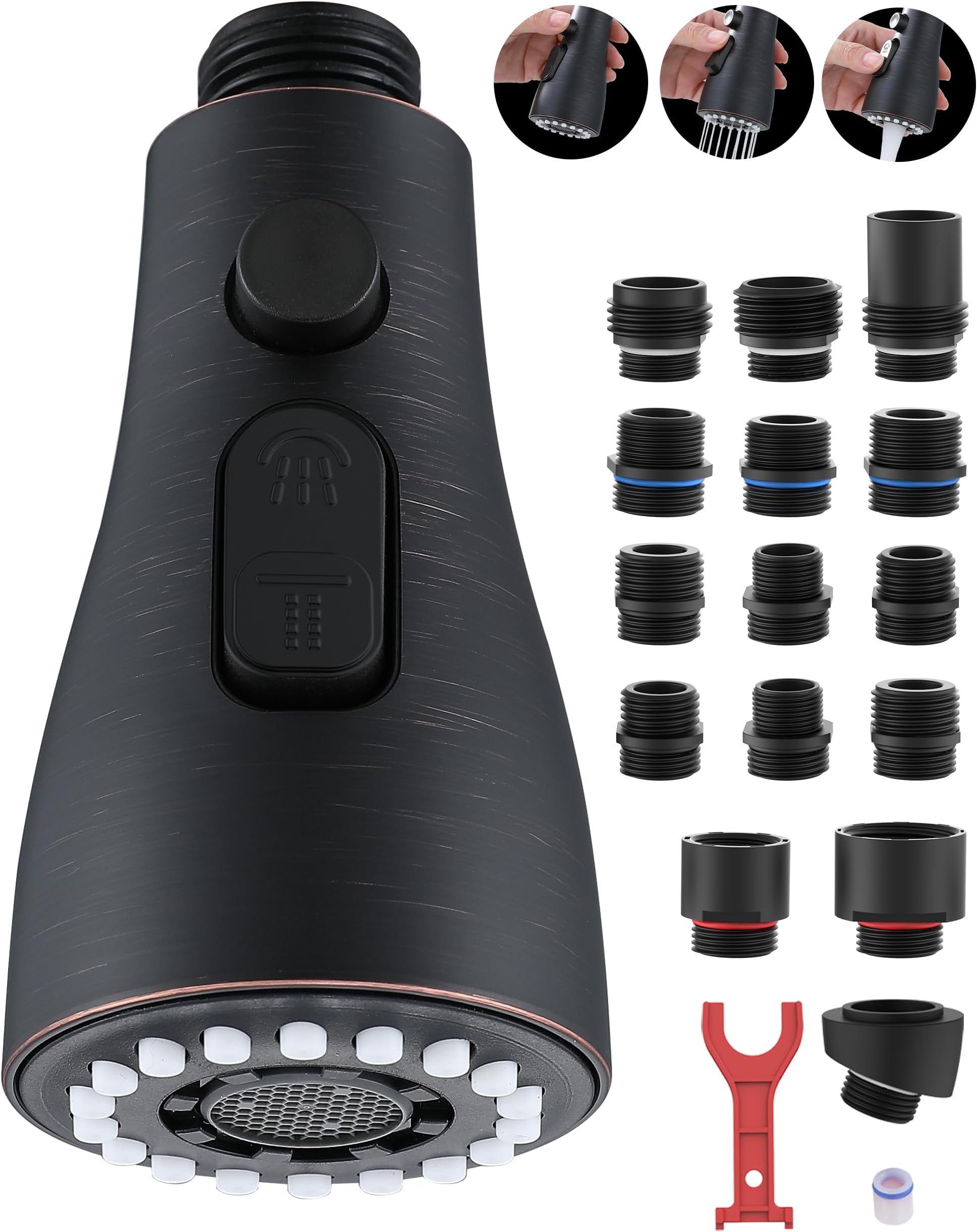 キッチン蛇口ヘッド交換用 アダプター15個付き - 3つの機能 プルダウンスプレーヘッド キッチン蛇口用 引き出し式蛇口スプレーヘッドノズル オイル磨きブロンズ JC-PT-ZS-ORB-A3