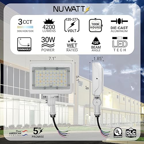 Miniatura 2 de NUWATT Luz de inundación LED de 30 W, 3CCT 3000K4000K5000K seleccionable, iluminación impermeable IP65, montaje de nudillo ajustable, 4200 lm, 0-10