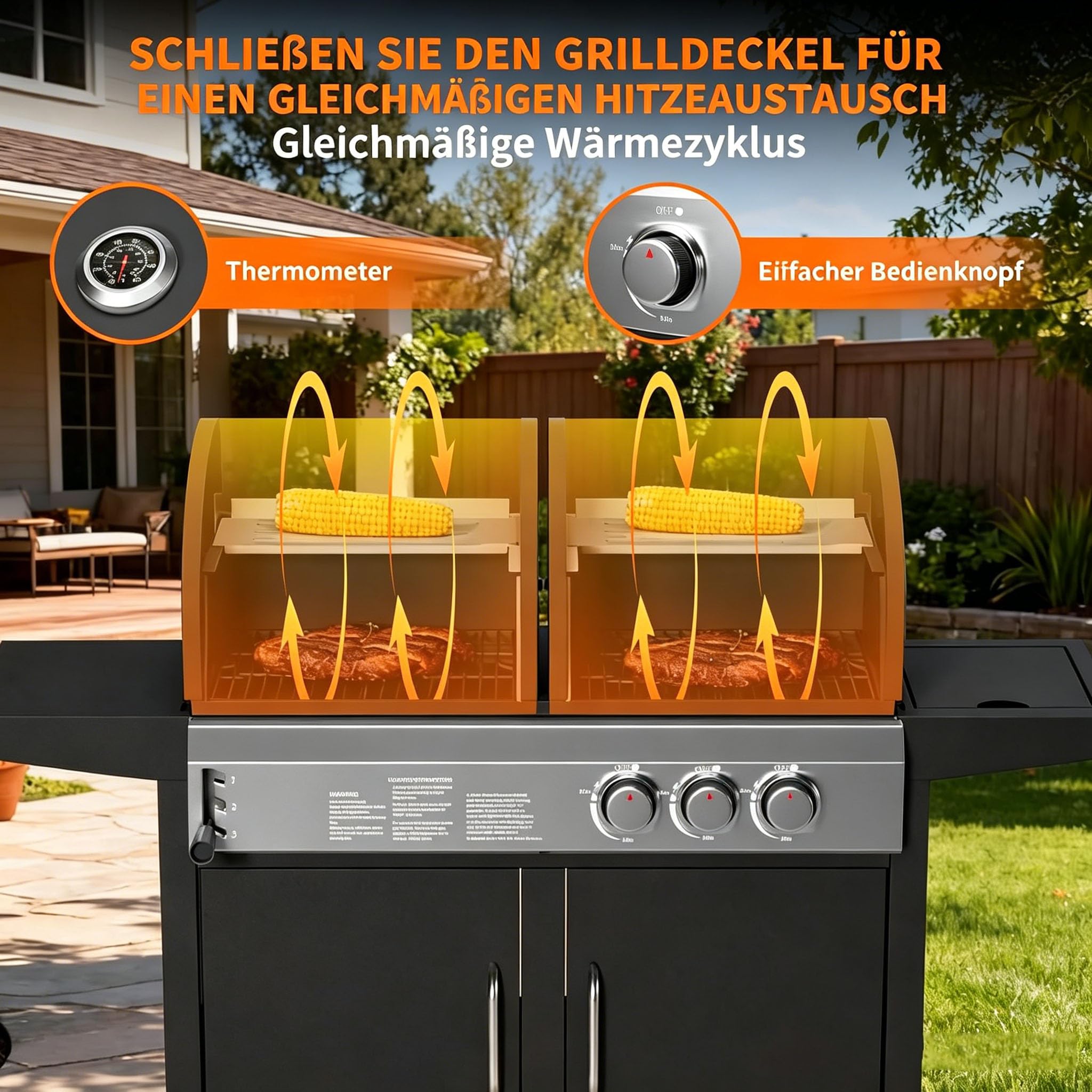 3 Brenner Gasgrill, Kombinierter Propangas mit Flachgrillplatte & Emailliertem Gusseisenrost, 24000 BTU, Snap-Jet Zündung, Robuste räder, Seitenablagen, Outdoor-Küch