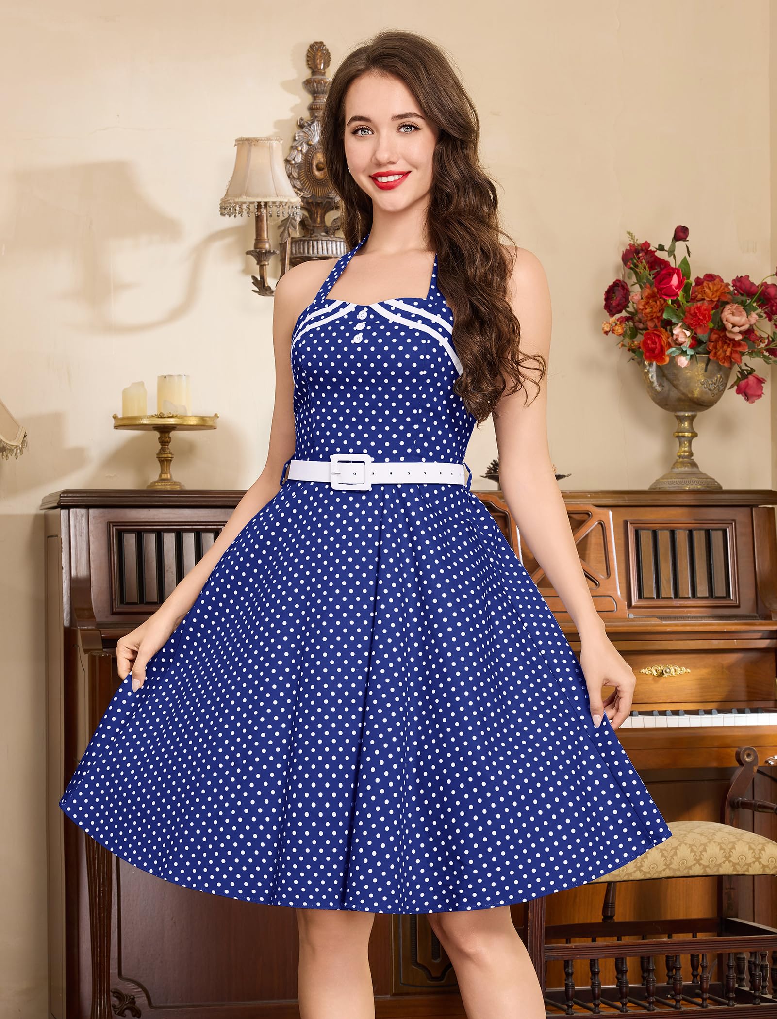 Robe vintage pour femme, style années 1950, rockabilly, robe à pois, style Audrey Hepburn, robe de cocktail trapèze avec ceinture