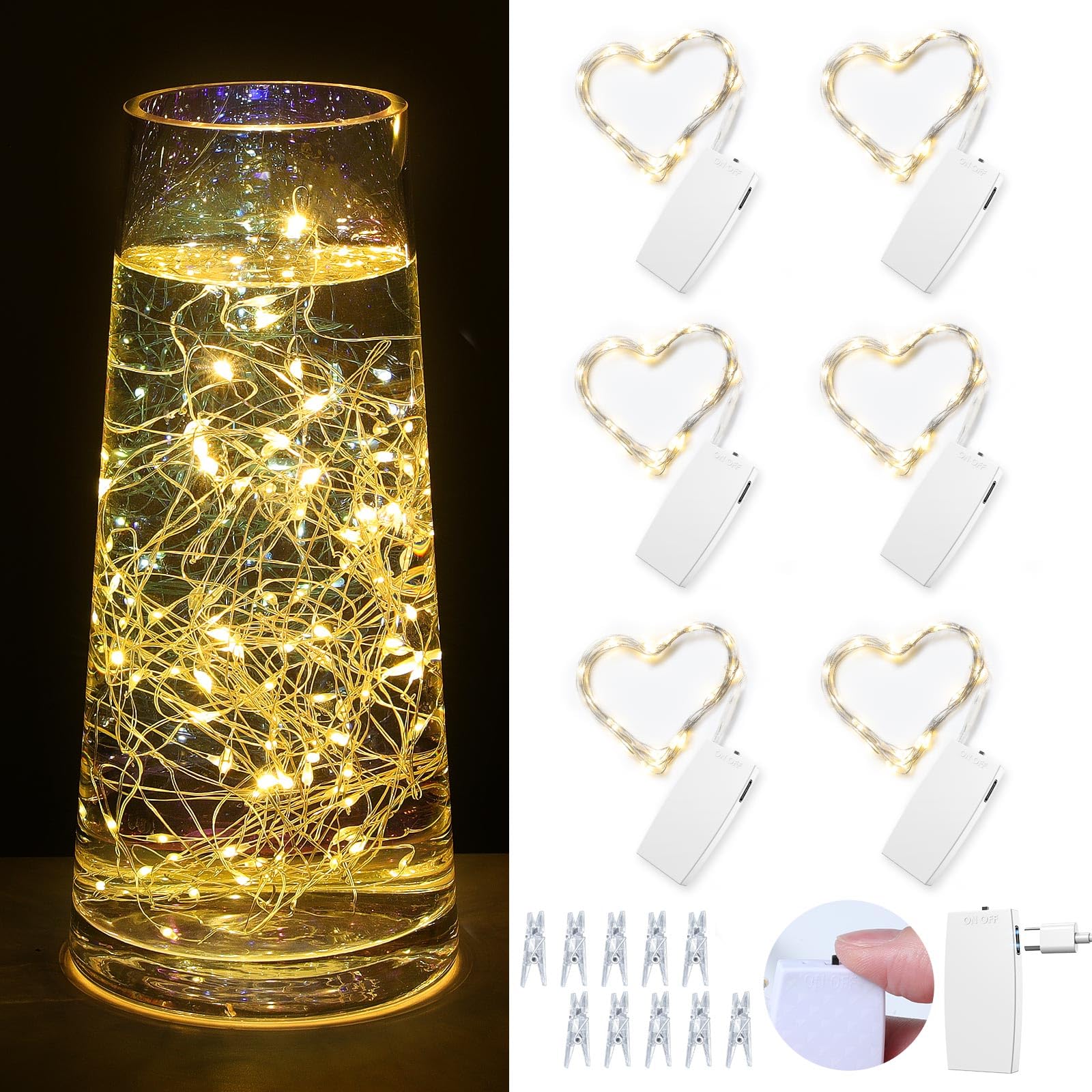 Orbecco 6 Pack Rechargeable Fairy Lights, 2M LED String Light with USB Charge Cable & Photo Clips, IP 44 Waterproof Fairy Lights for Bedroom Party Wedding Christmas Tree Decorations, Warm Light, White