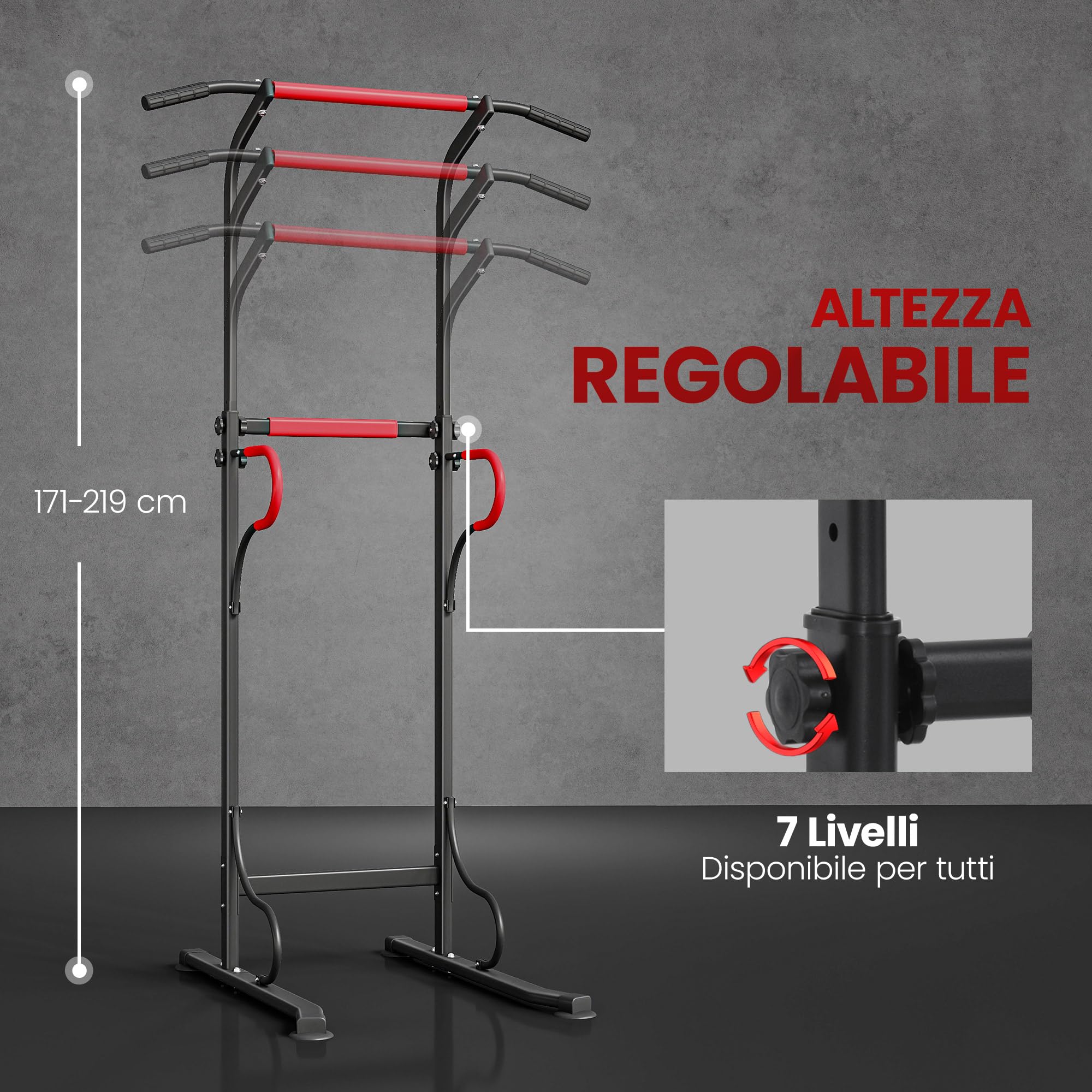 HOMCOM Power Tower Dip Station, Barra per Trazioni Power Tower Stazione Fitness Multifunzione con Altezza Regolabile 171-219cm, Nero Rosso