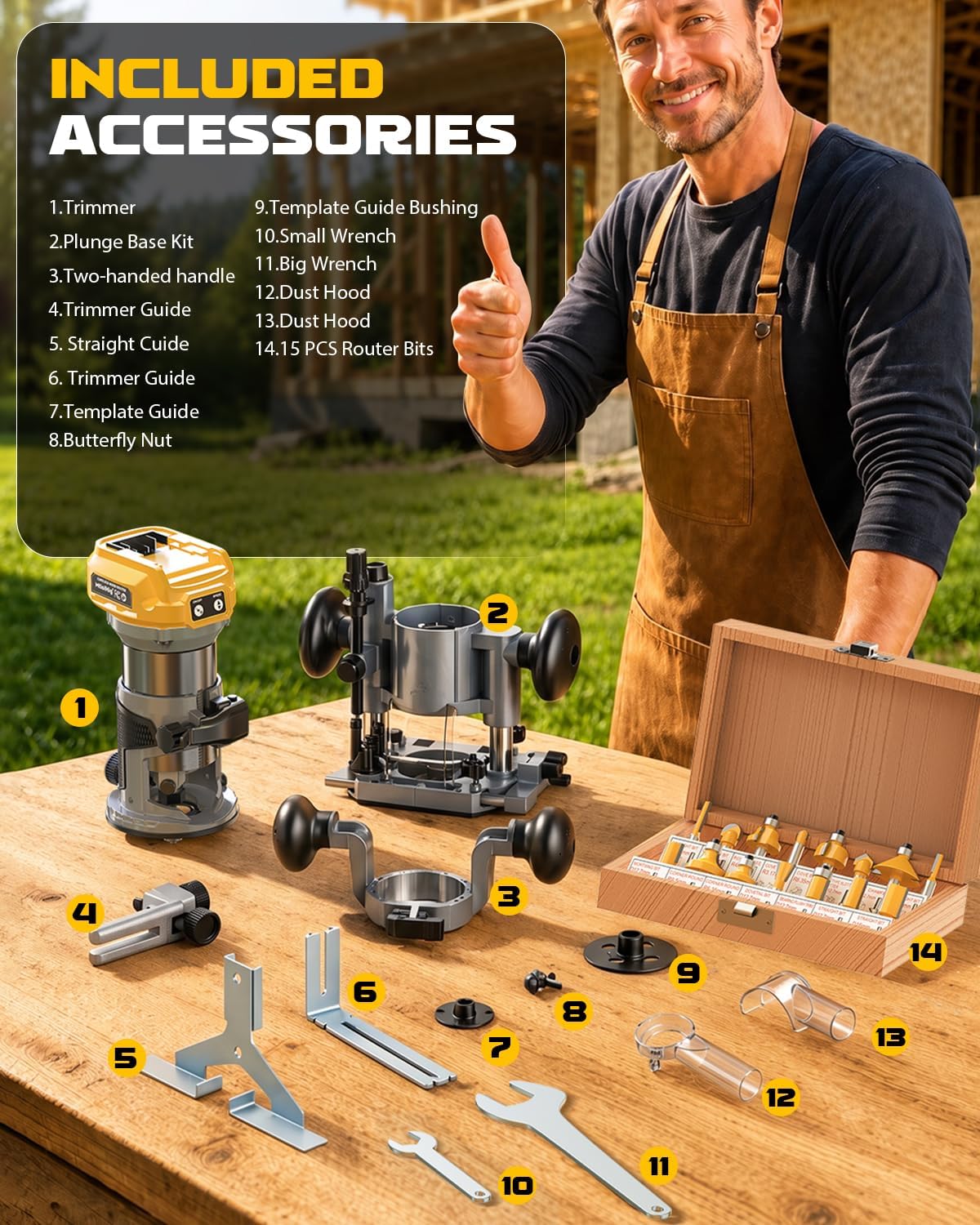 MtiolHig Cordless Compact Router Compatible with DeWalt 20V Battery(Tool Only), Fixed & Plunge Base,Double-Handle Router Fixed Base for woodworking, slotting, trimming, and DIY projects