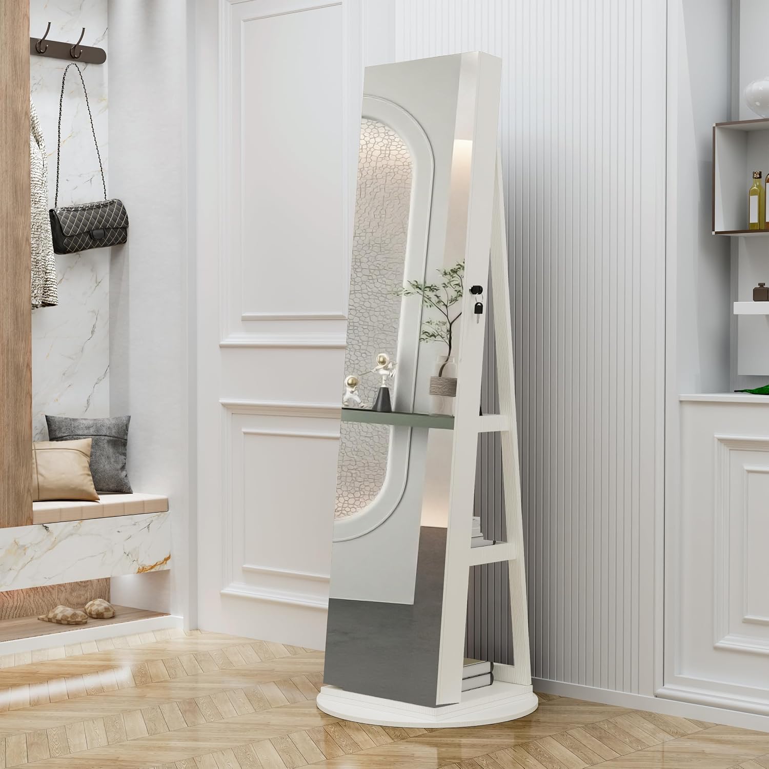 Lockable Mirror Jewelry Cabinet Standing, Full Length Mirror with Storage, 360° Swivel Jewelry Organizer Armoire, White