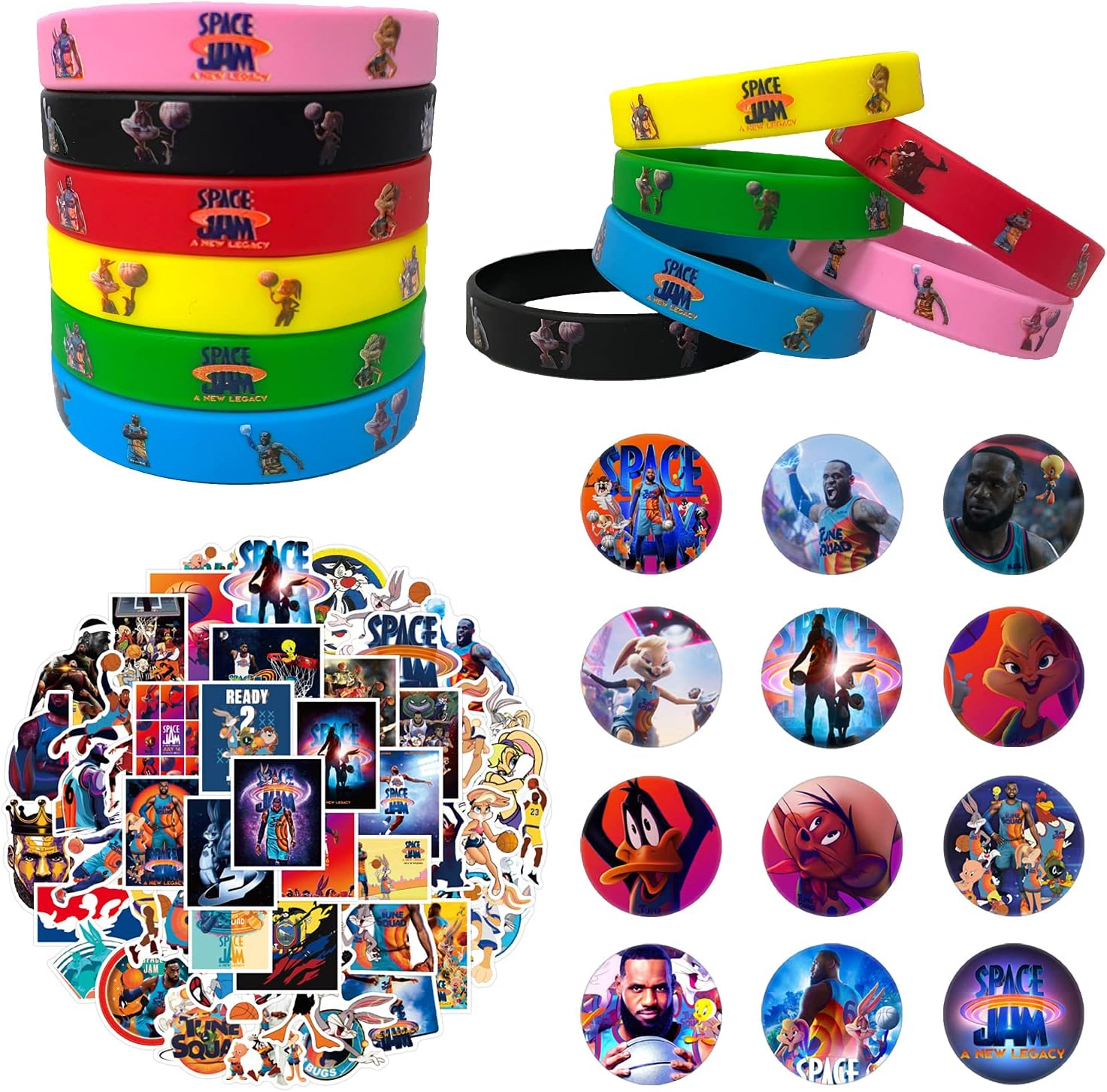 DISAPAK Space Jam Birthday Party Supplies Favors for Kids,74 Pack Birthday Party Favors Set Include 12 Bracelets, 12 Button Pins, 50 Stickers for Video Themed Party : Toys & Games