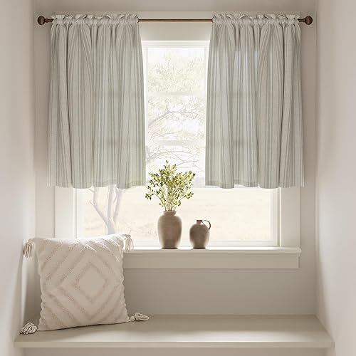Miniatura 4 de JINCHAN Cortinas de cocina de lino gris topo, cortinas a rayas de 24 pulgadas, cortinas pequeñas de granja, cortinas de cocina con rayas