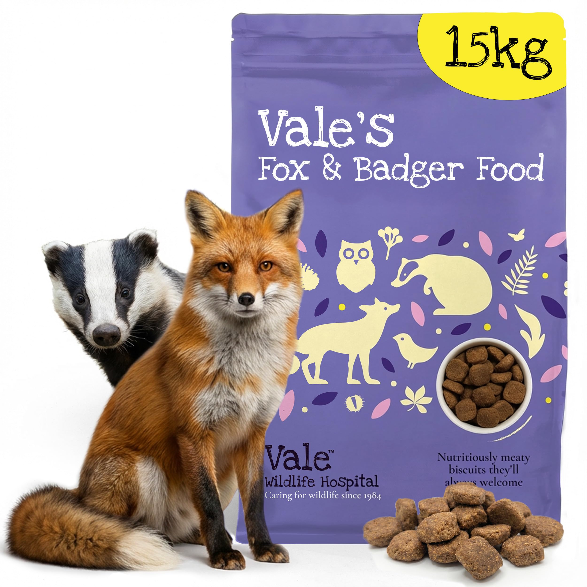 Vale’s™ Fox & Badger Food – specially developed – used at Vale Wildlife Hospital – meaty, crunchy biscuits – suitable and nutritious – ideal addition to their natural diet (15kg)