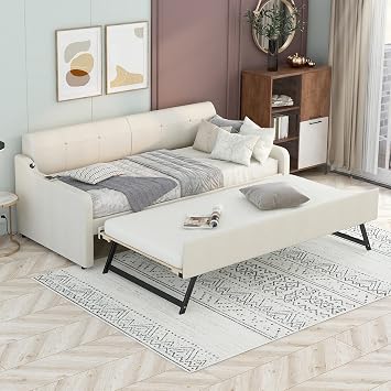 Flieks Twin Size Upholstered Daybed with Trundle and USB Charging Design, Solid Wood Sofa Bed Trundle can be Flat or Erected, Beige Woven Fabric
