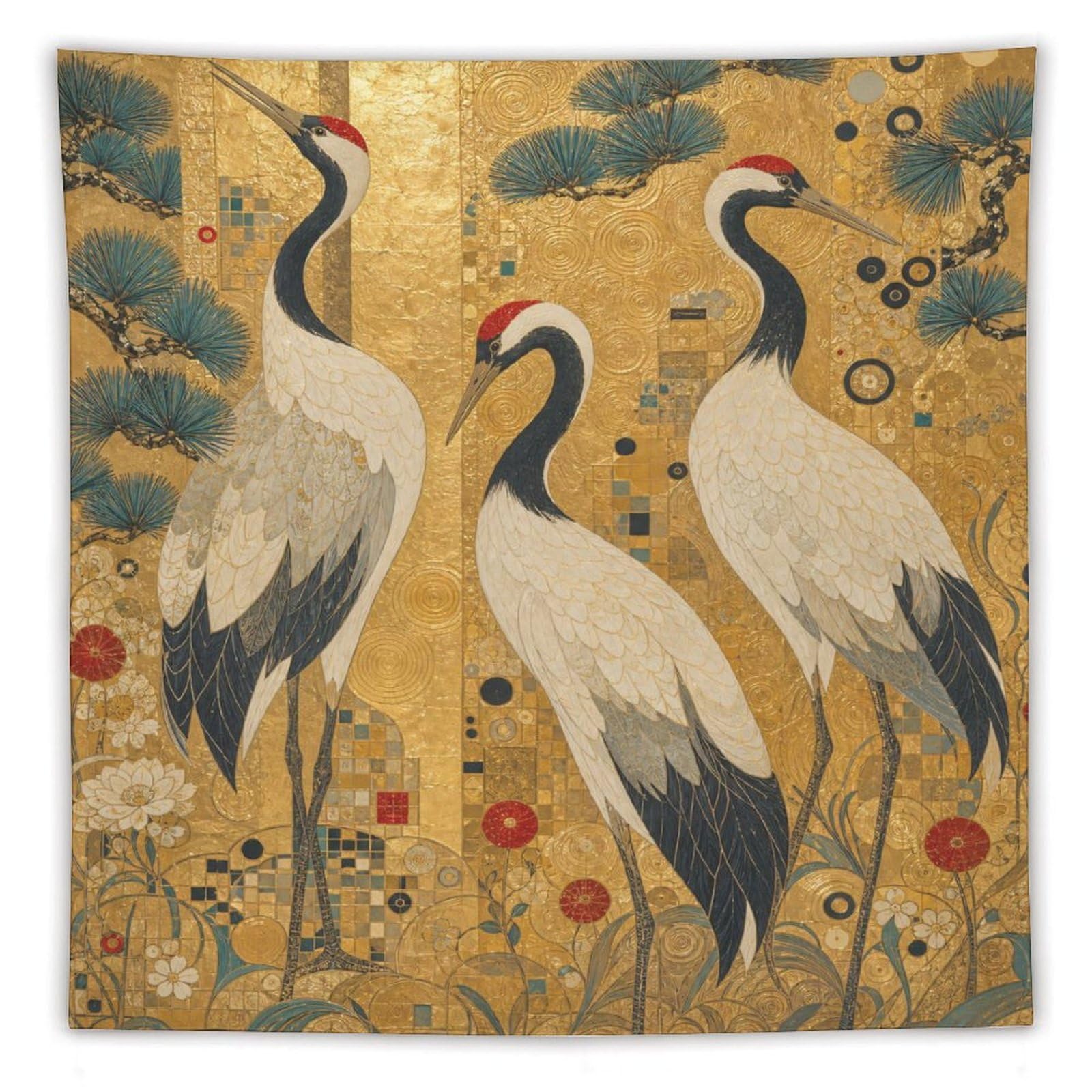 W7C8U2X3 Cranes and Pine Trees Wall Tapestry, Ukiyo-e Style, Sofa Area