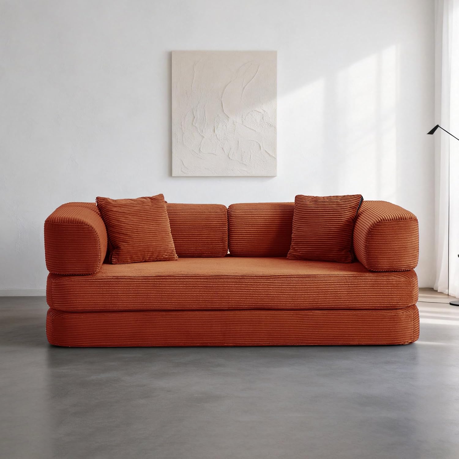 Modular Floor Sofa Bed for Small Apartments & Renters, Stable Fixed-Shape Support, Wide Guest Sleeper, No Assembly, Corduroy (Orange) | 2-in-1 pillow quilts, No assembly needed, Medium-firm support, Renters & dorms, Modular floor sofa