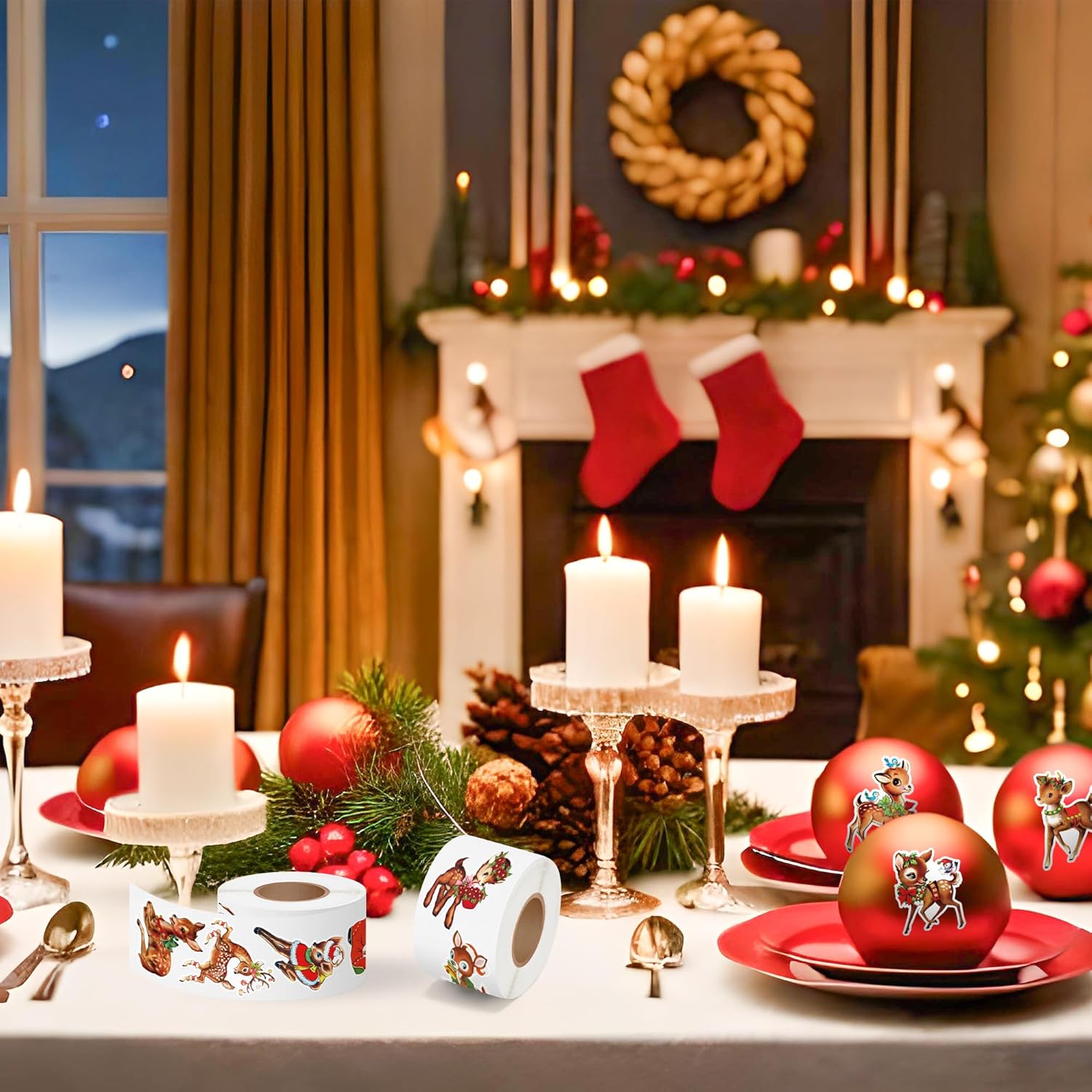 Christmas Reindeer Sticker Roll - 1000Pcs Vintage Cartoon Reindeer Stickers Gifts Pack for Kids Teens, Cute Label Decals for Laptop Gift Guitar Skateboard Home Party Decor School Rewards