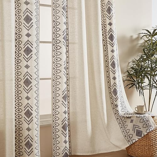 Grey Boho Curtains 2 Panels 84 Inches Long for Bedroom Country Farmhouse Linen Embroidered Drapes for Living Room Light Filtering Grommet Window Treatment 52x84 Inch, Grey on Beige