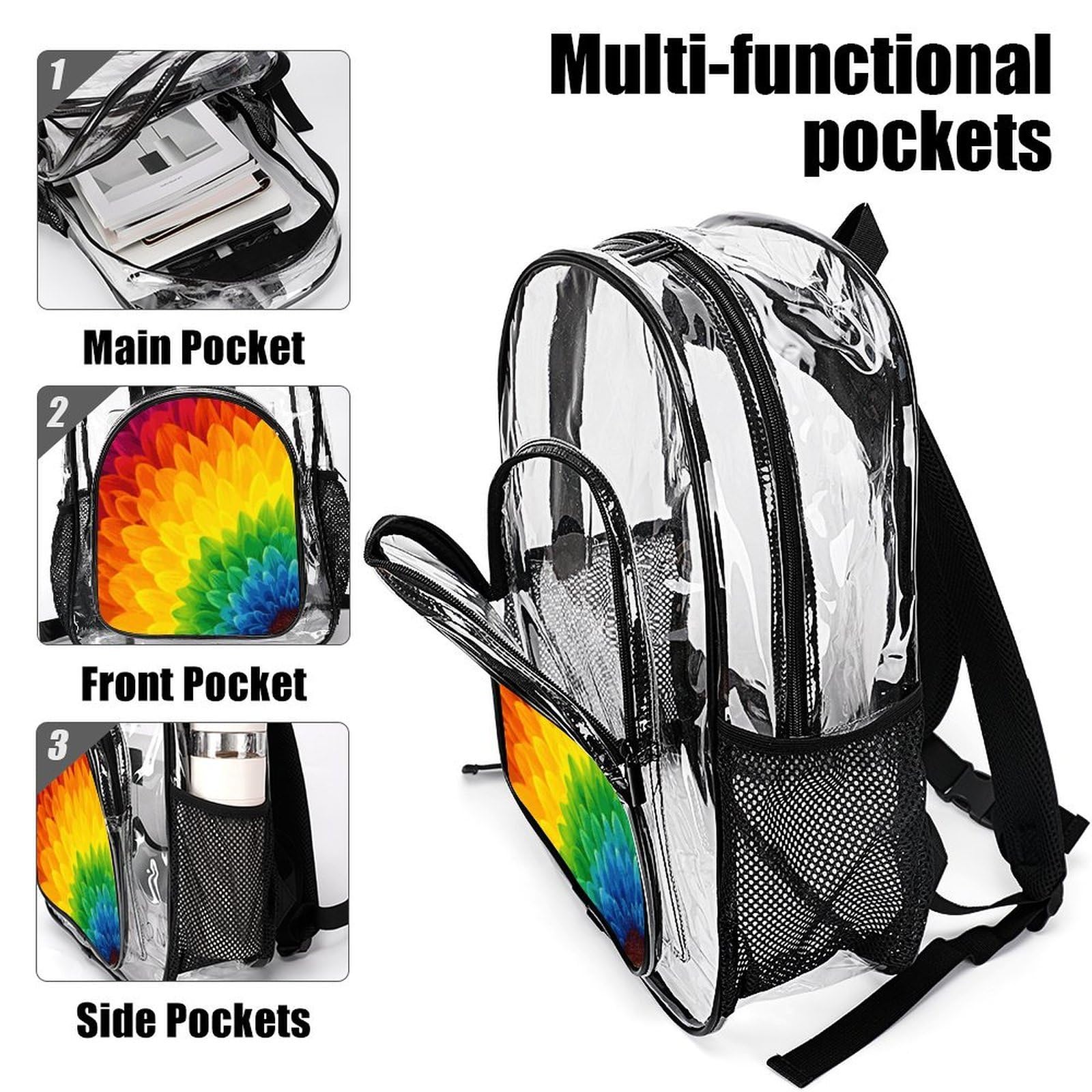 Transparenter Rucksack mit Sonnenblumen-Motiv, groß, transparent, PVC, Büchertasche für Sicherheit, Arbeit, Reisen, Stadion