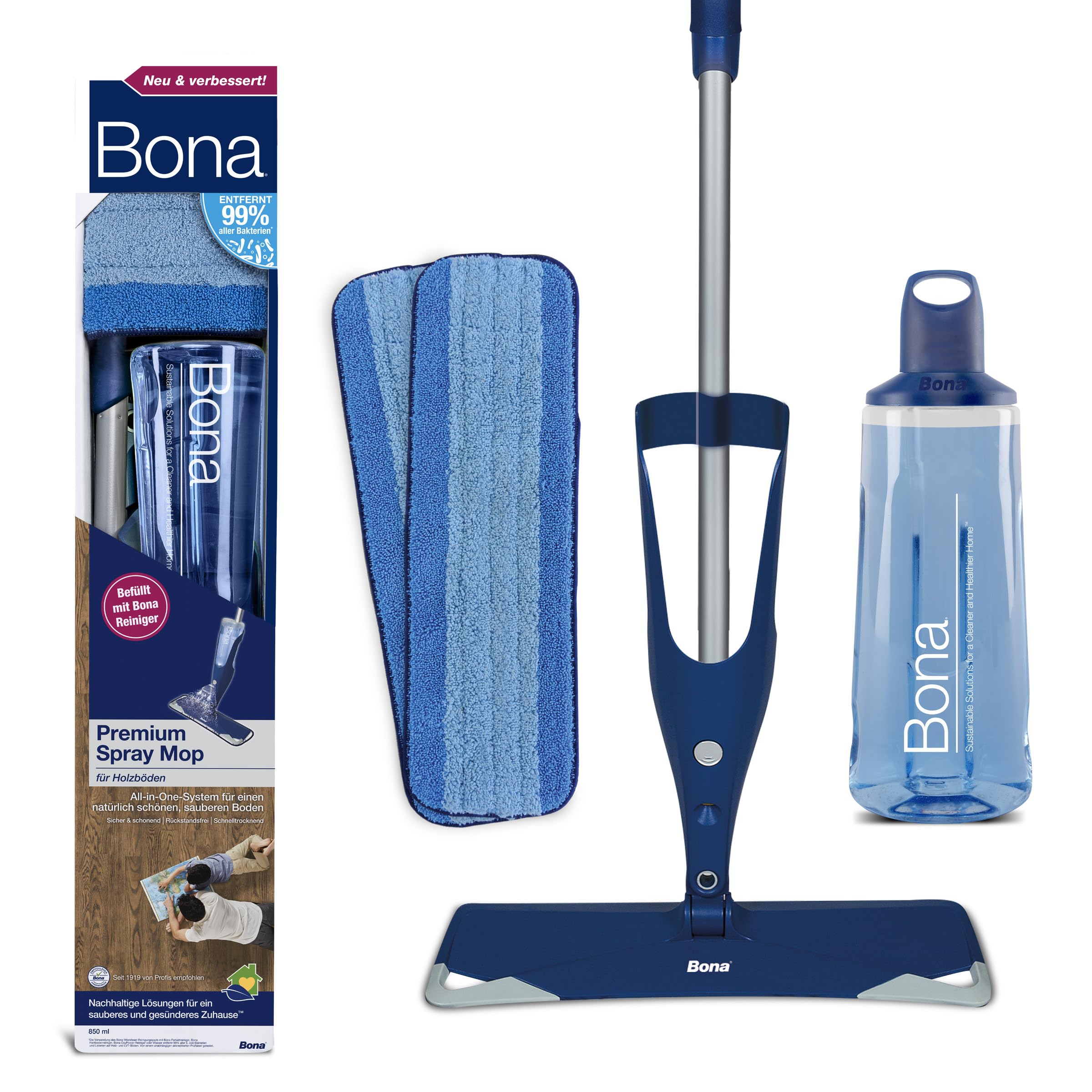 Bona Wischmopp, Bodenwischer mit Sprühfunktion, Premium Spray Mop Wischer | Parkettreiniger mit nachfüllbarem Tank für Parkett und Holzböden, Sprühwischer Bodenwischer, 2 waschbare Mikrofaser Pads