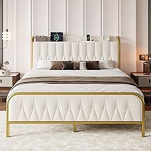 iPormis Metal Bed Frame Queen Size with Charging Station, Velvet Upholstered Headboard and Footboard, Heavy Duty Steel Support, 12" Under Bed Storage, No Box Spring Needed, Easy Assembly, Beige