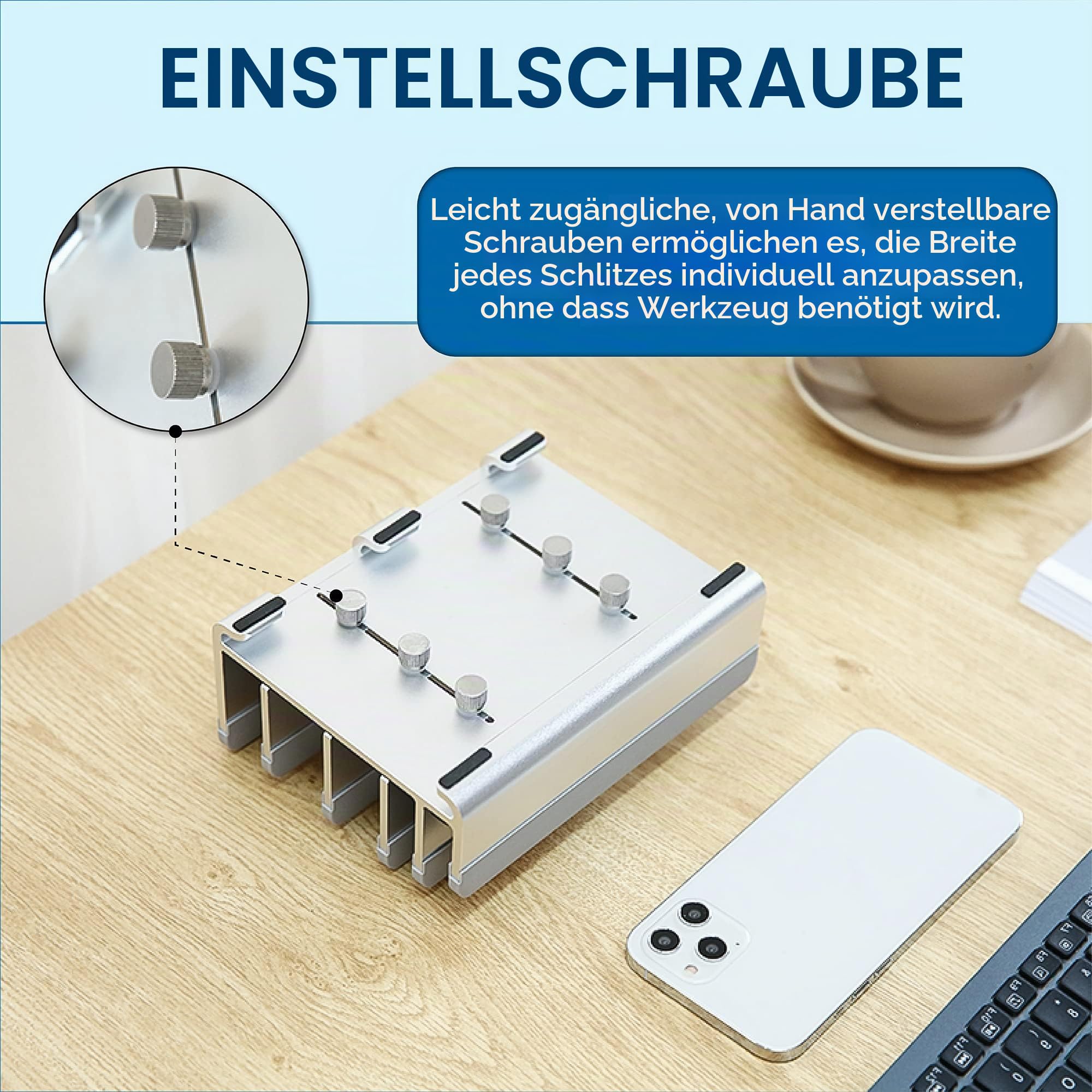 Verstellbarer Laptop-Ständer für 5 Geräte, modernes Design, werkzeuglose Anpassung, stabil und geräteschonend, Grau