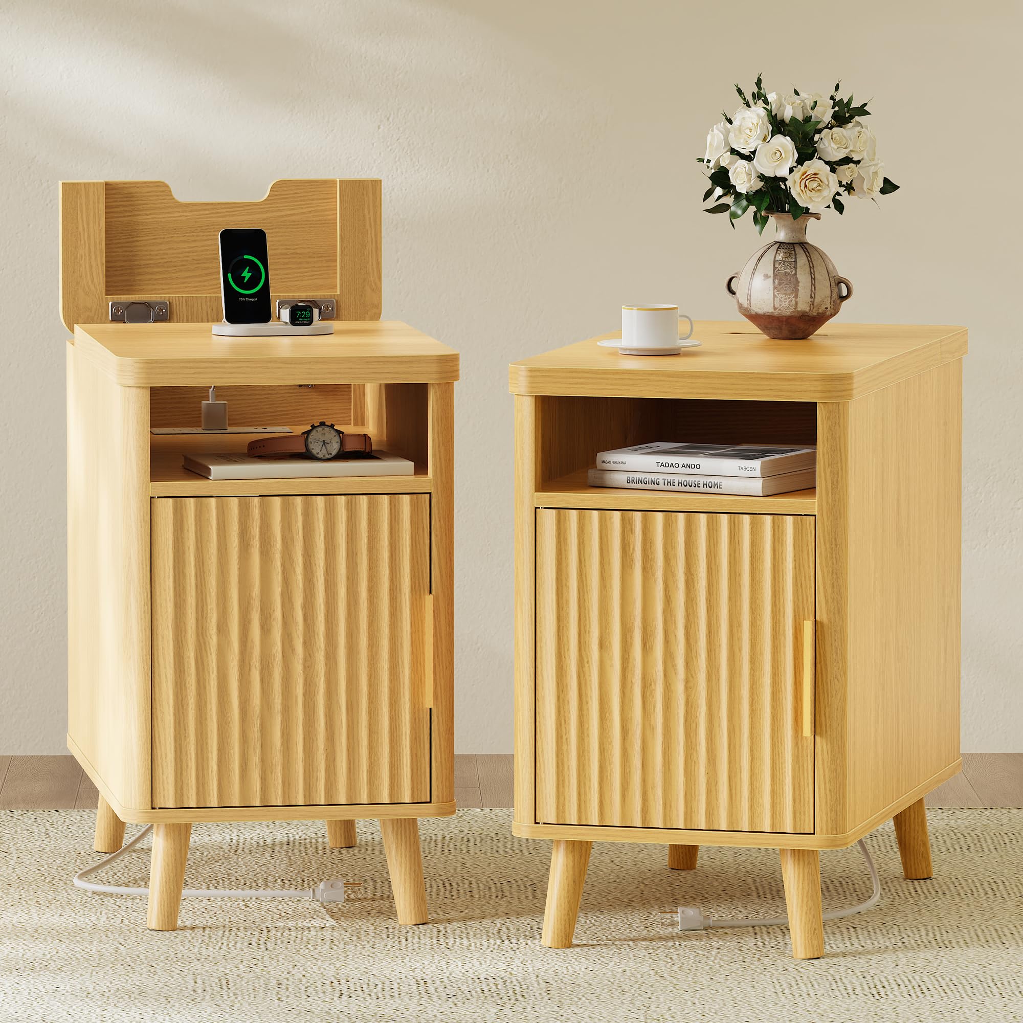 narrow nightstand with charging station and storage cabinet