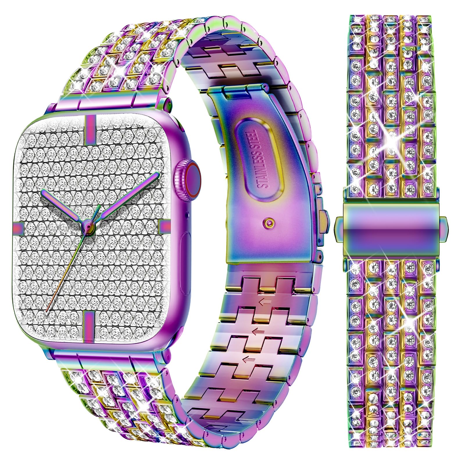 XYF Compatible for Bling Apple Watch Band Women, Stainless Metal Strap Upgraded Bracelet for iWatch Ultra 2 Series 10 9 8 7 6 5 4 3 2 1 SE