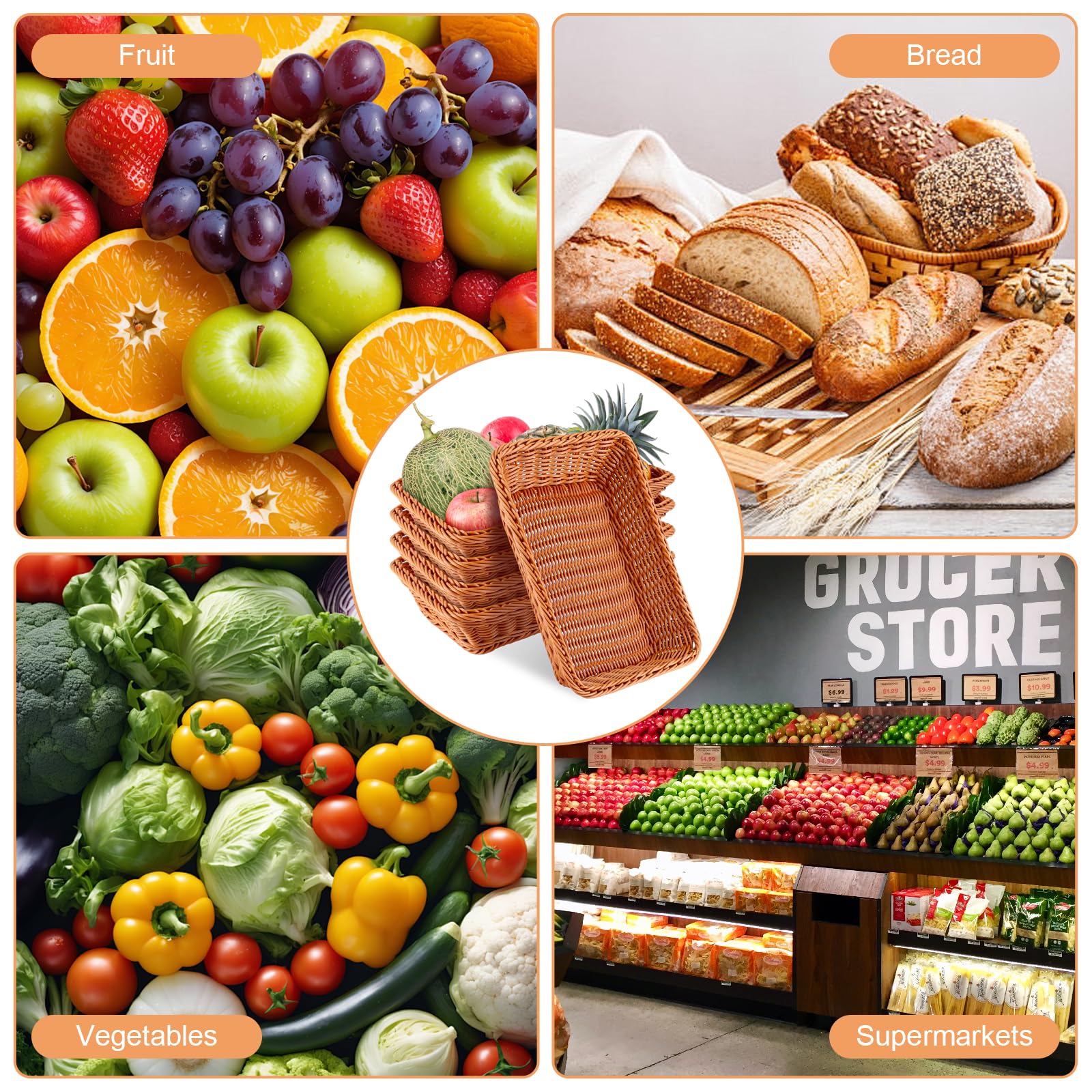 AKOLAFE 5 Pièces Corbeille a Pain en Osier 35 x 25 x 7 CM Panier Pain Empilables Panier a Pain de Service Brun Panier Osier Rectangulaire Corbeille Osier pour Pain, fruit, Légume, Ustensile de Cuisine
