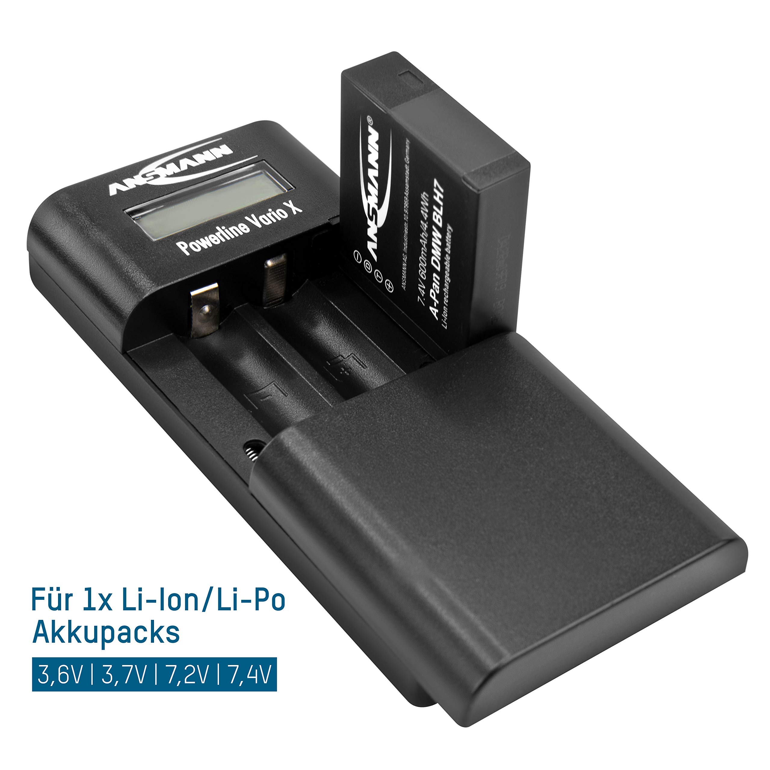 ANSMANN Powerline Vario X - Caricabatteria per fotocamera in batteria agli ioni di litio, LiPo, NiMH o 2 batterie mignon AA o 2 micro AAA, altezza regolabile del vano di ricarica