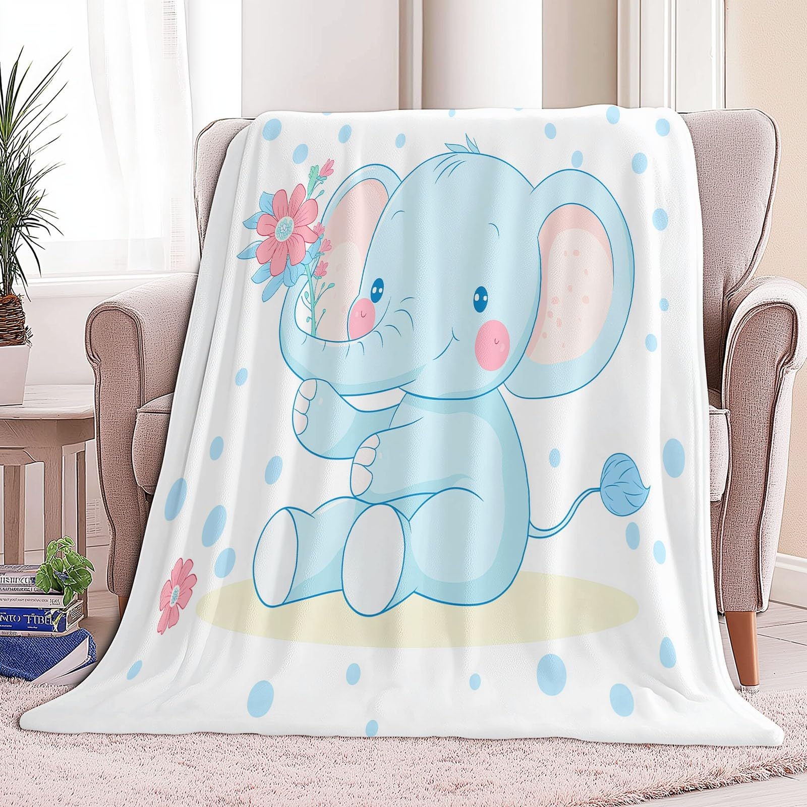 Genérico Flanelowy koc polarowy 200 x 200 cm, kremowy koc z nadrukiem kreskówkowym śliczne zwierzęta słoń niemowlę-zima ciepłe dla dziewczynek chłopców dorosłych
