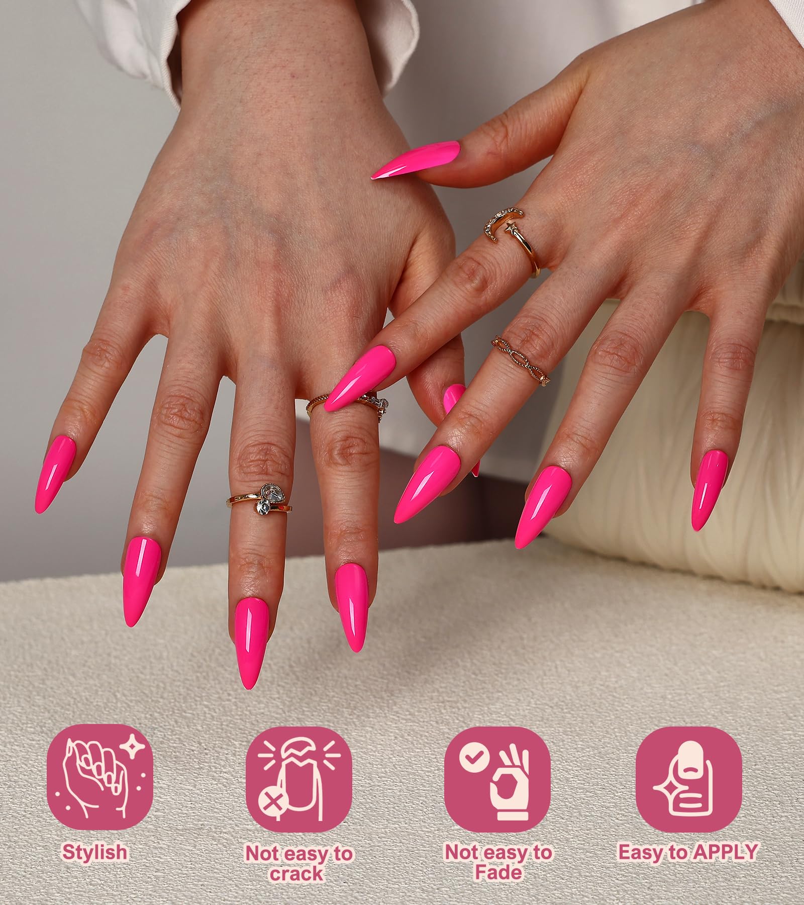 Morily Lot de 24 faux ongles à presser - Rose vif - Taille moyenne - Faux ongles brillants - Couvrance complète - Pour femme