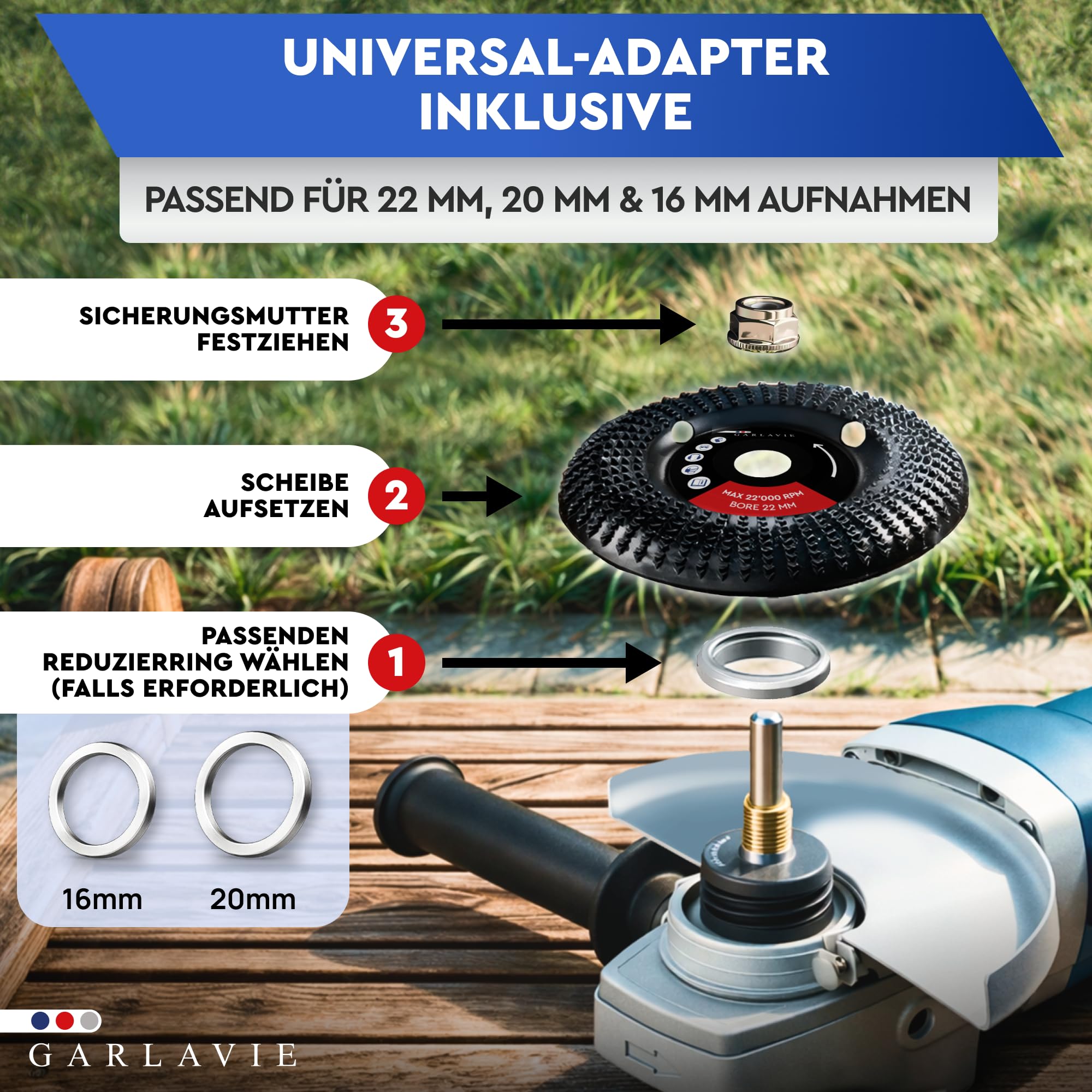 holzschleifscheibe für winkelschleifer 125 – 4 Stück Winkelschleifer holz Set | Raspelscheibe, Frässcheibe, Flexscheibe, Wurzelfräse