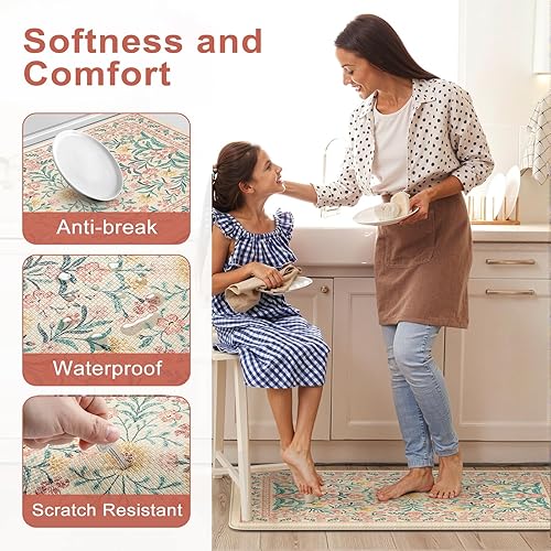 Miniatura 5 de Collive Juego de 2 tapetes de cocina acolchados antifatiga, antideslizantes, impermeables, juego de 2, modernas y florales cómodas para el hogar,