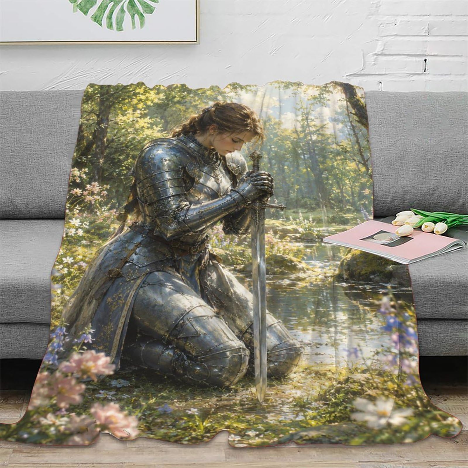 H3B8U2Y5 Medieval Female Knight Floral Blanket, Flannel, Dramatic Oil Style