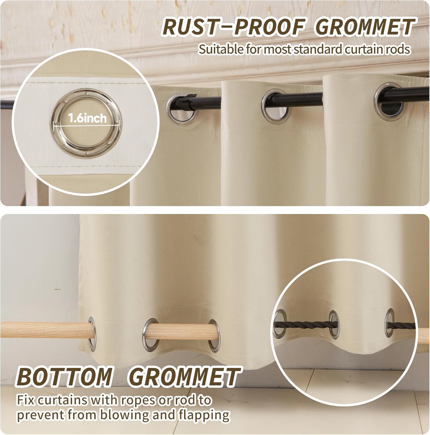 Outdoor Curtains for Patio Waterproof, Zipper Design 2 Panels Privacy Weatherproof Blackout Curtain Top & Bottom Grommet Outside Drapes for Porch Gazebo Pergola (110 x 108 inch, Beige)