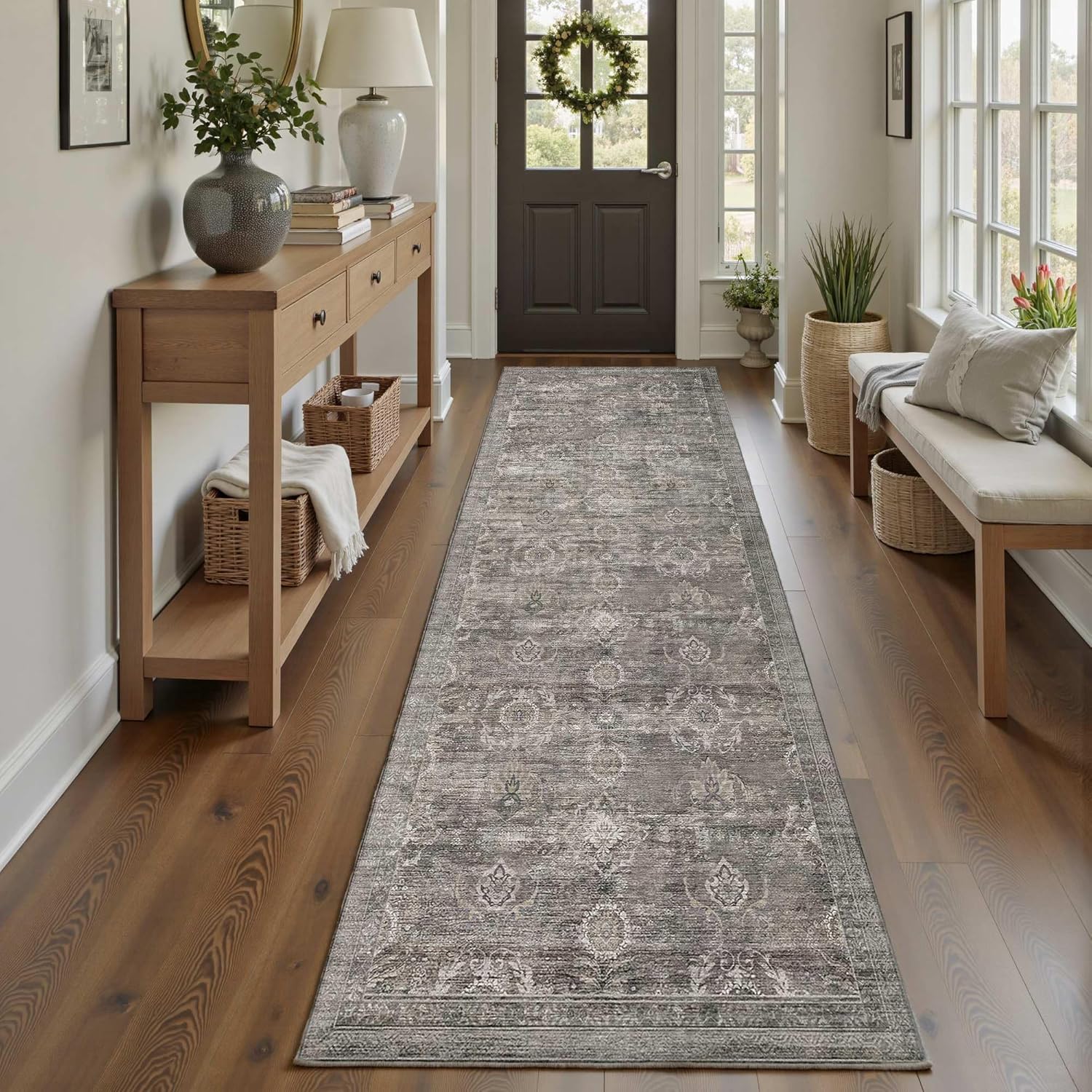 Rugxara 2'6''x8' Runner Rug, Washable Kitchen Rugs, Grey Boho Vintage Floral Hallway Runner, Non Slip Low Pile Area Rug Carpet for Hallway, Kitchen, Laundry Room and Bathroom(Grey/Taupe 2.6x8ft)